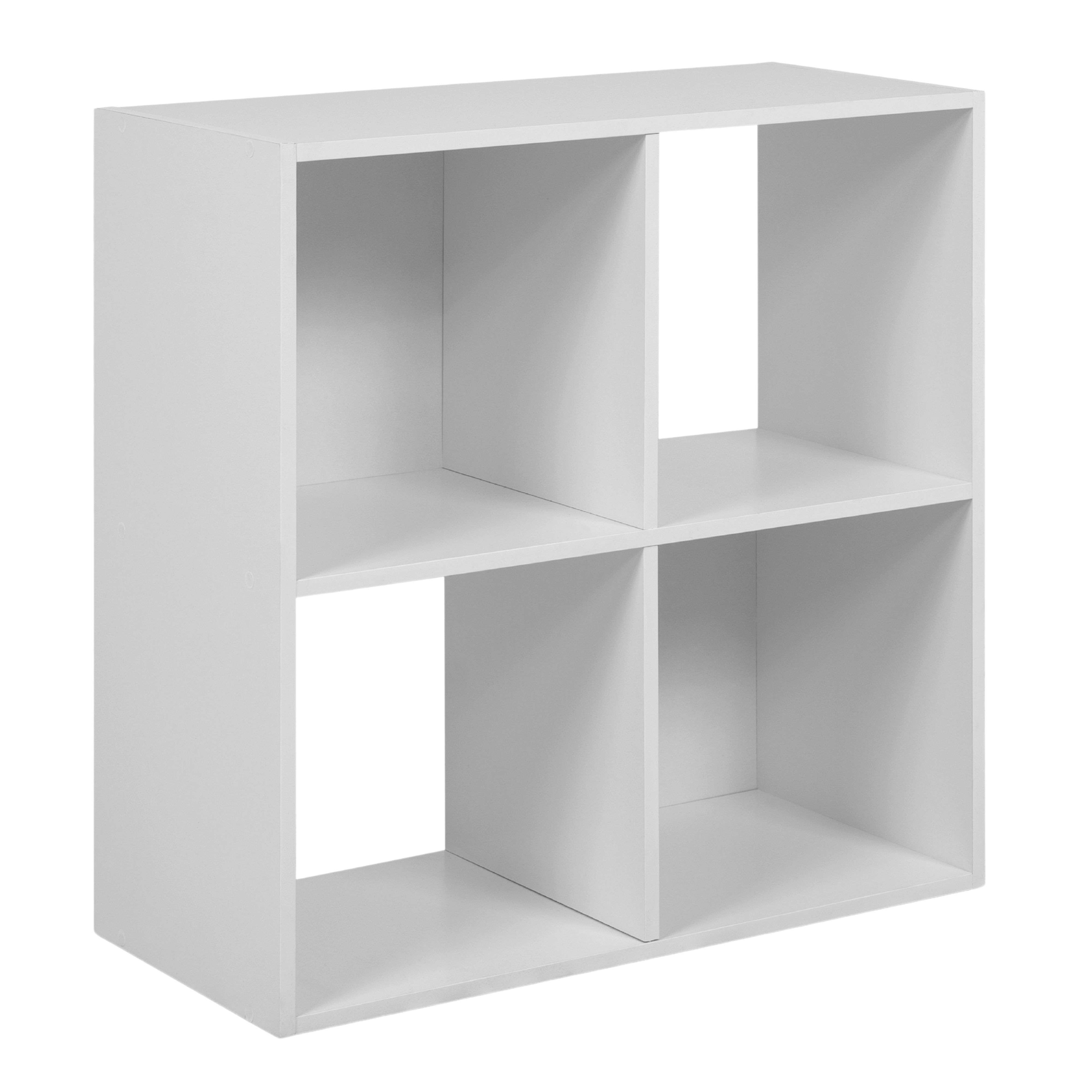 Un estante blanco de cuatro cubos sobre fondo blanco.