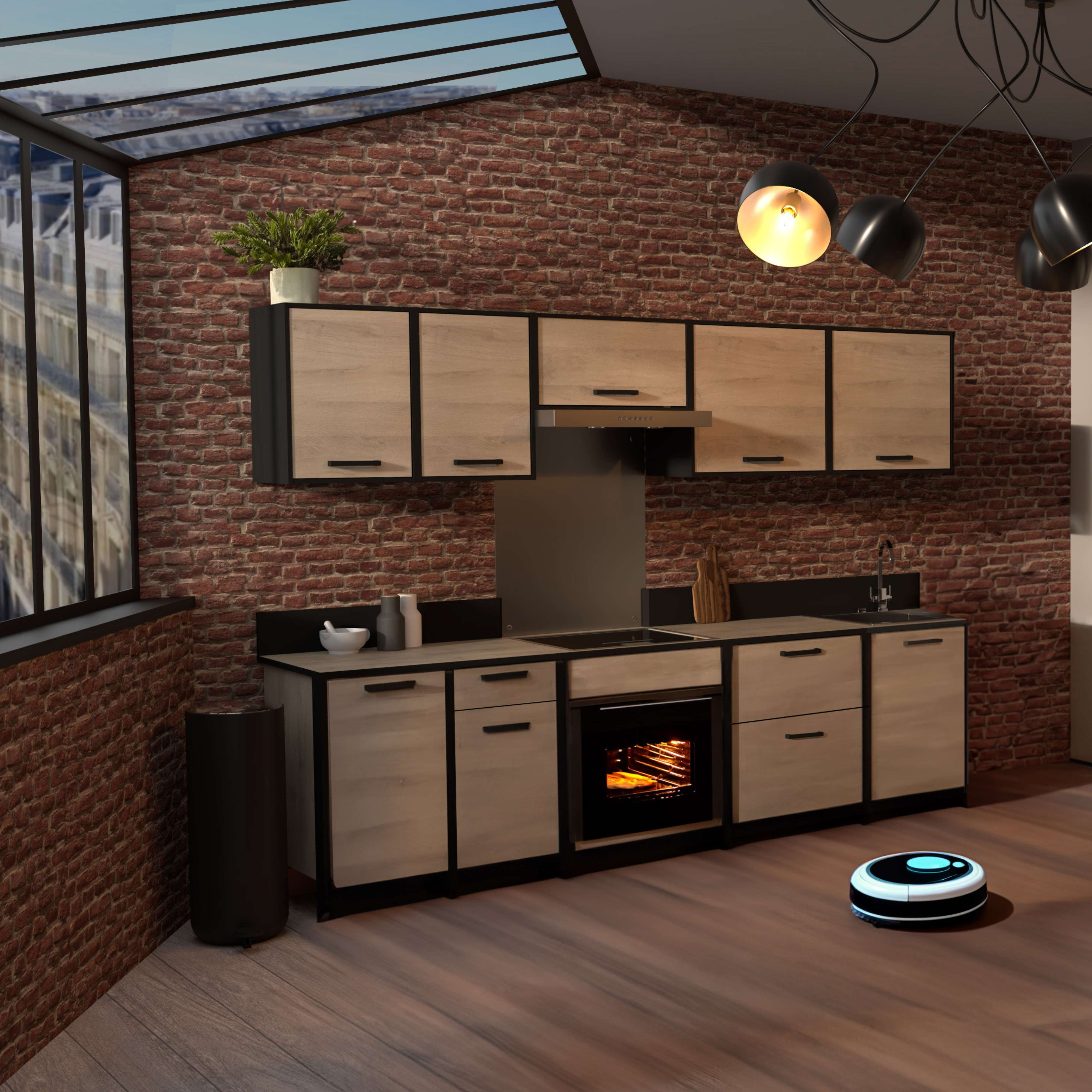 Cocina moderna con pared de ladrillos, elementos de madera, horno y robot aspirador.