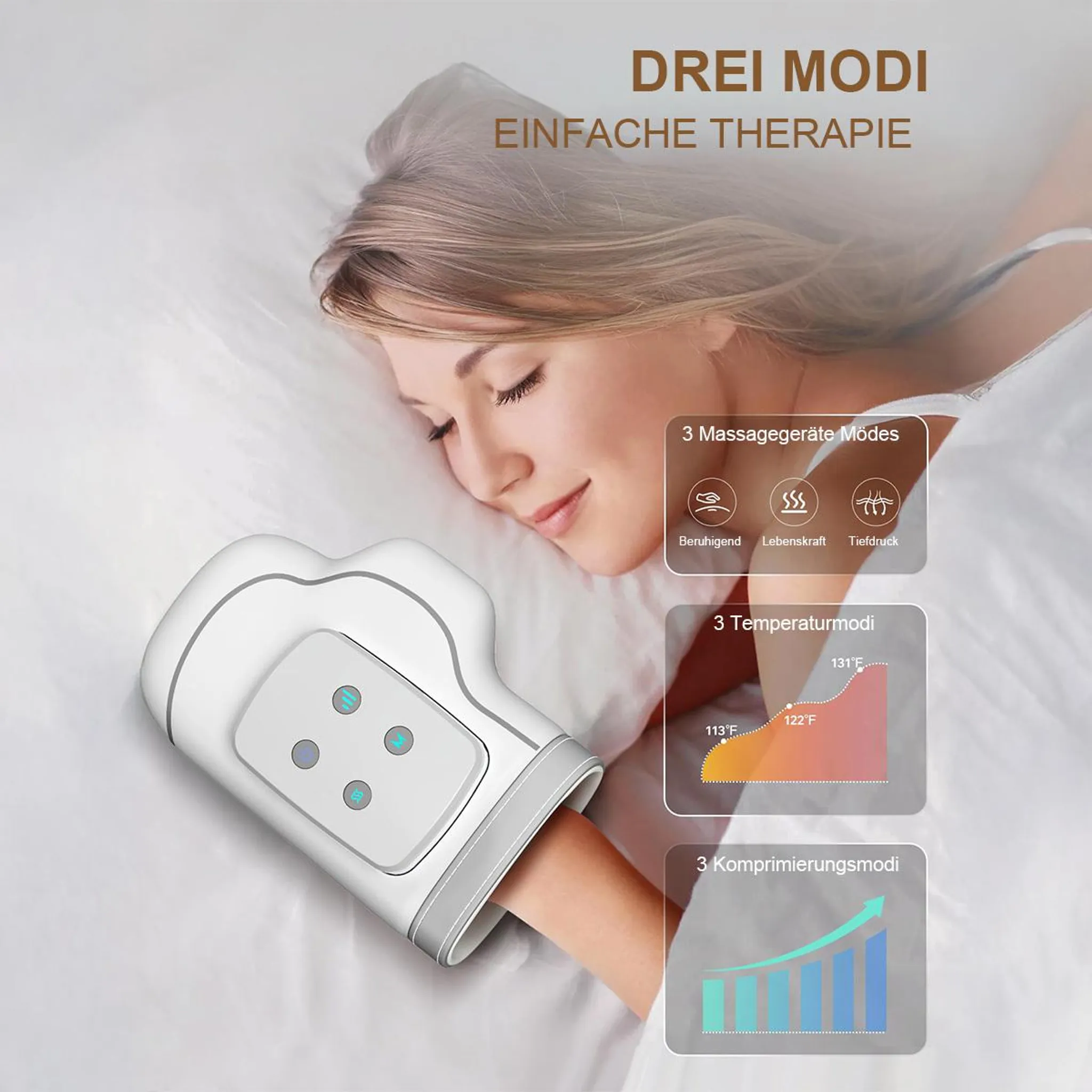 Eine Frau schläft mit einer Handmassagegerät. Mehrere Modi und Temperaturen werden angezeigt.