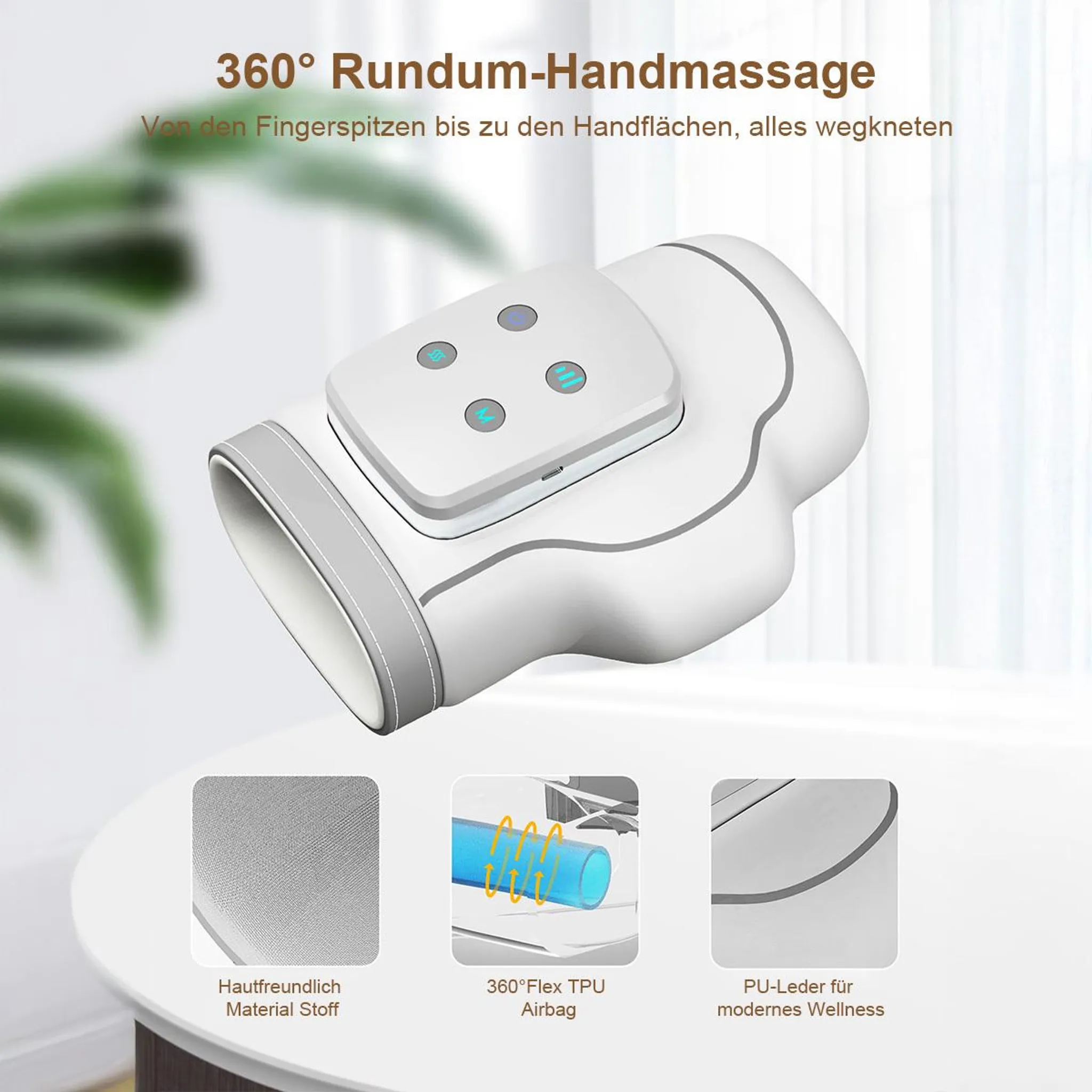 Ein weißer Handmassagegerät mit blauen Knöpfen und drei Detailbildern darunter.