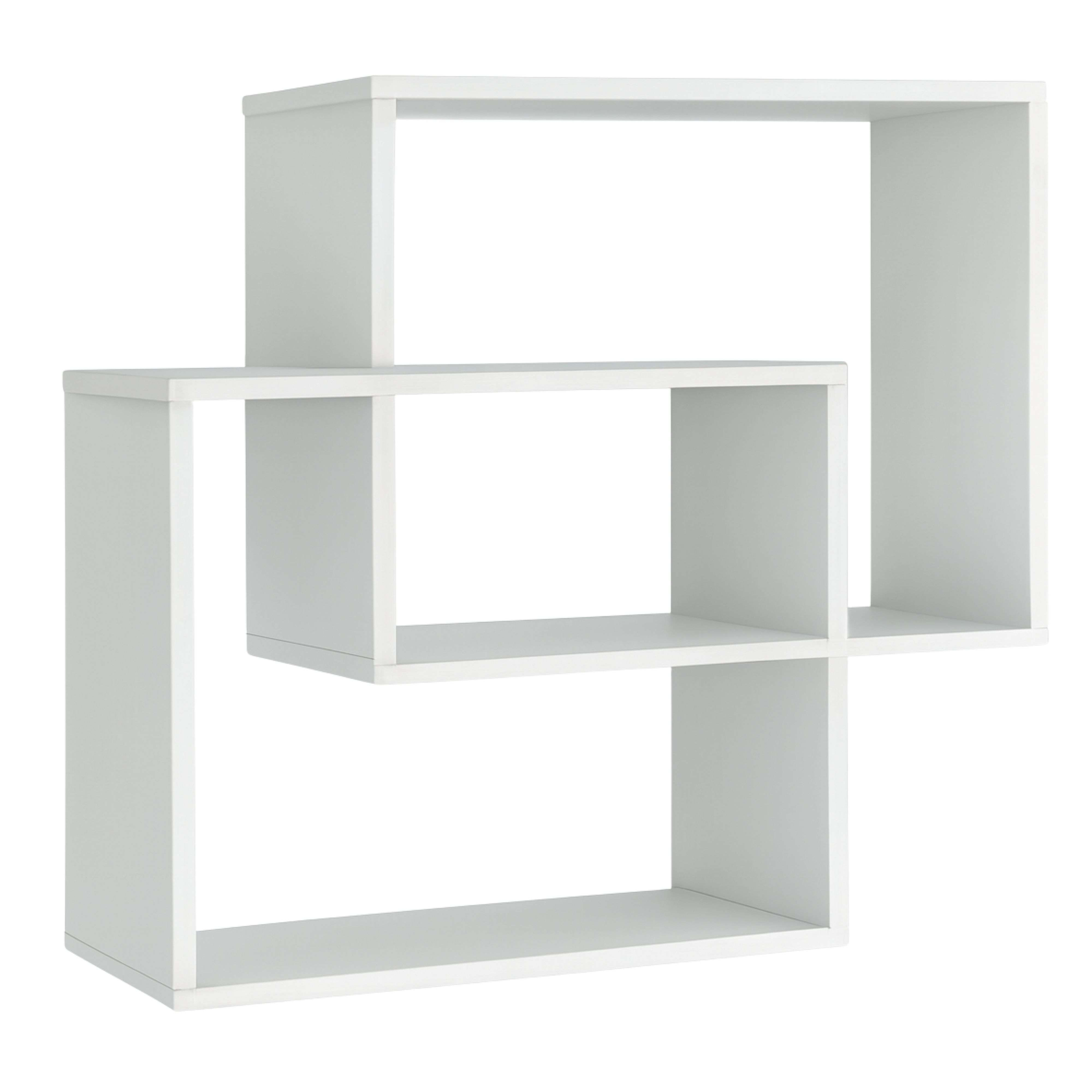 Un estante de pared modular blanco con tres compartimentos.