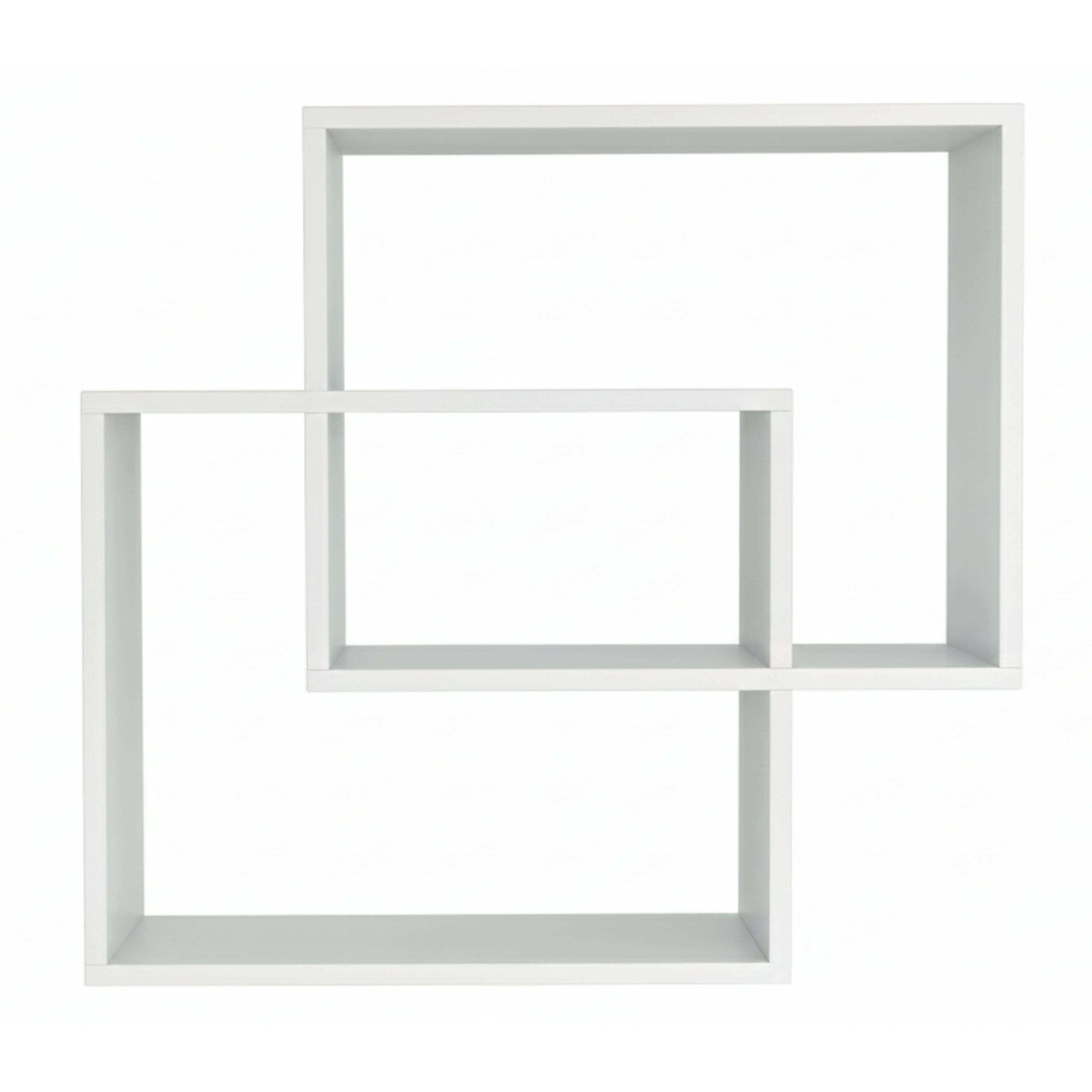 Dos estantes cúbicos blancos, uno anidado dentro del otro, sobre fondo blanco.