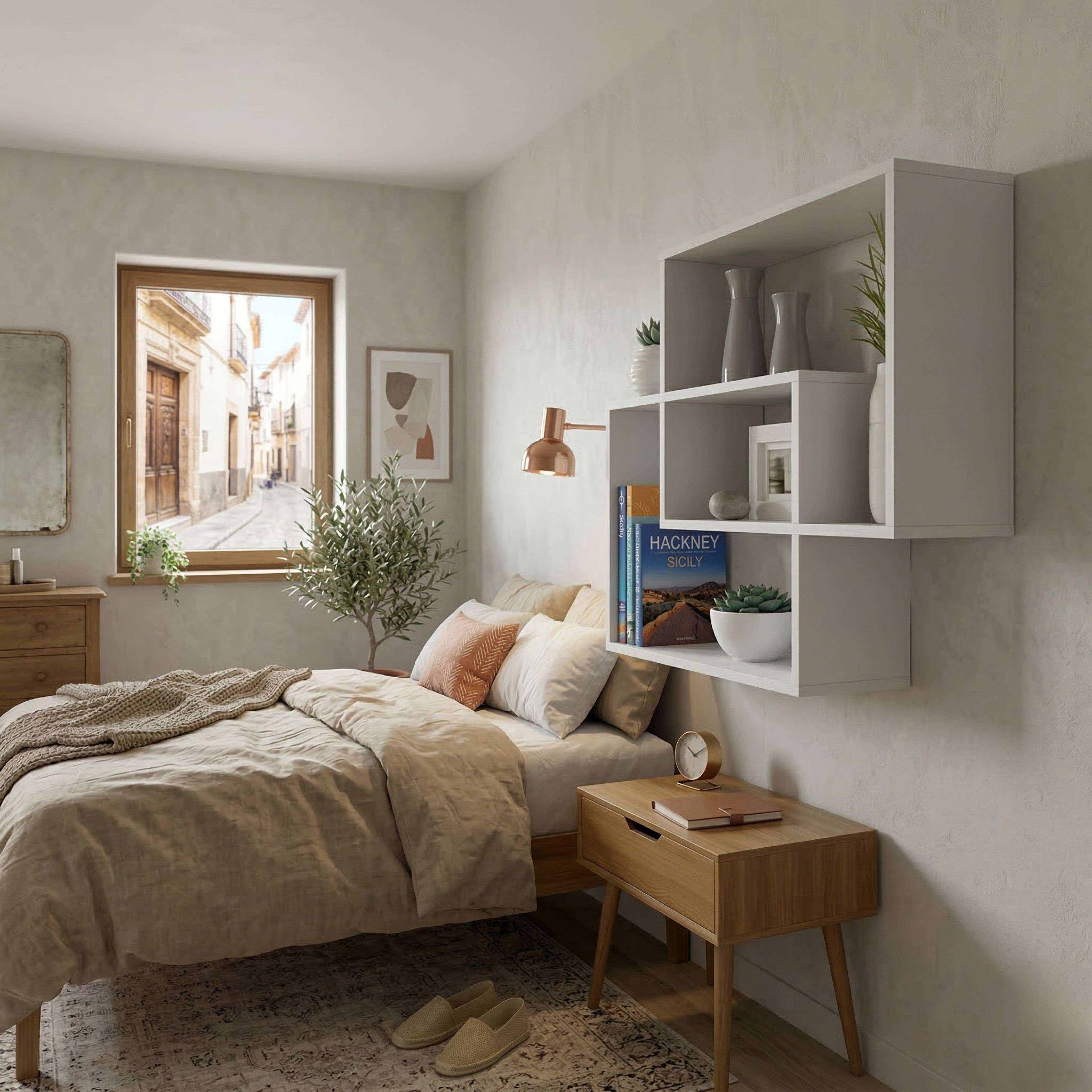 Un dormitorio acogedor con cama, mesita de noche, estante y vista a una calle.