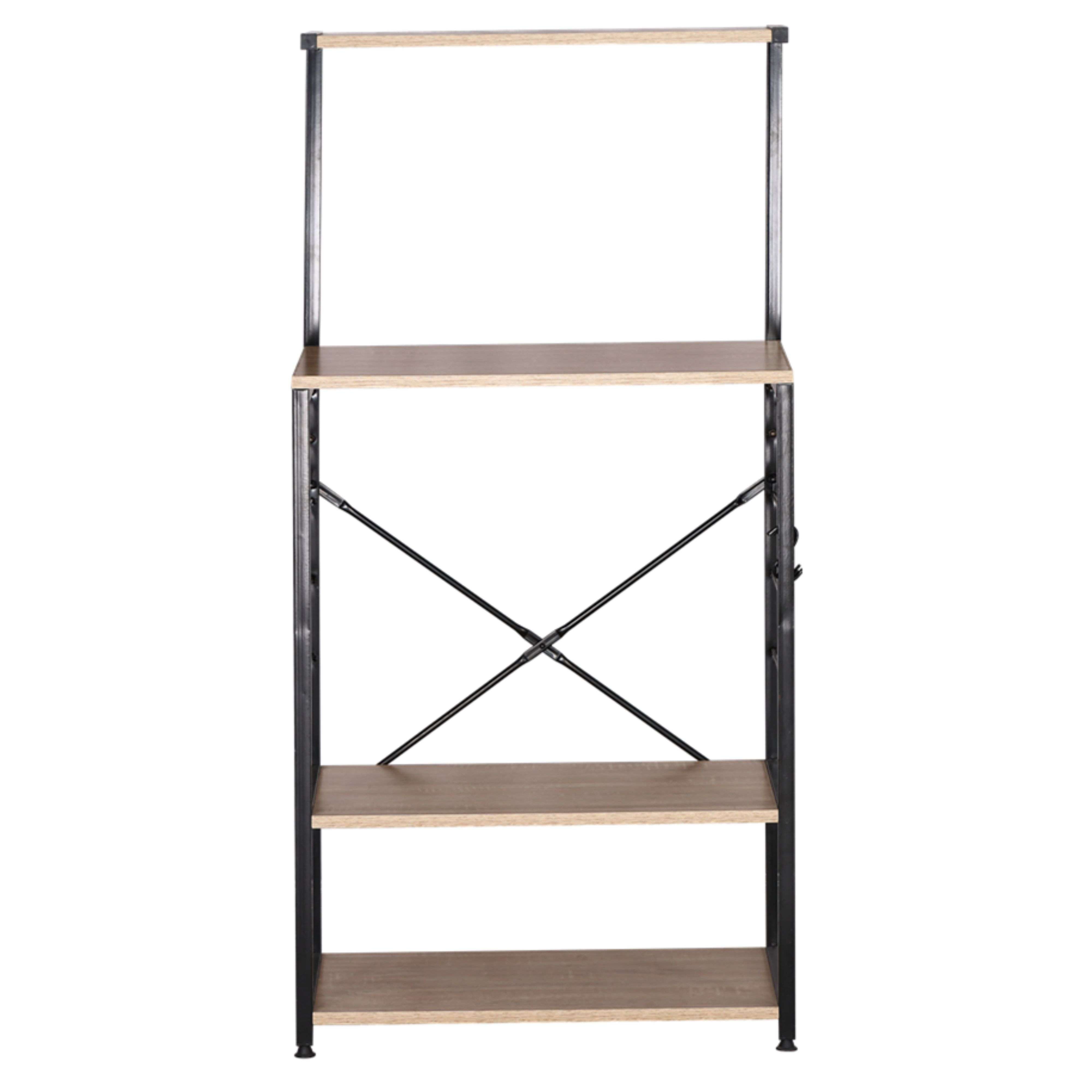 Un estante alto y estrecho de madera y metal con tres baldas.