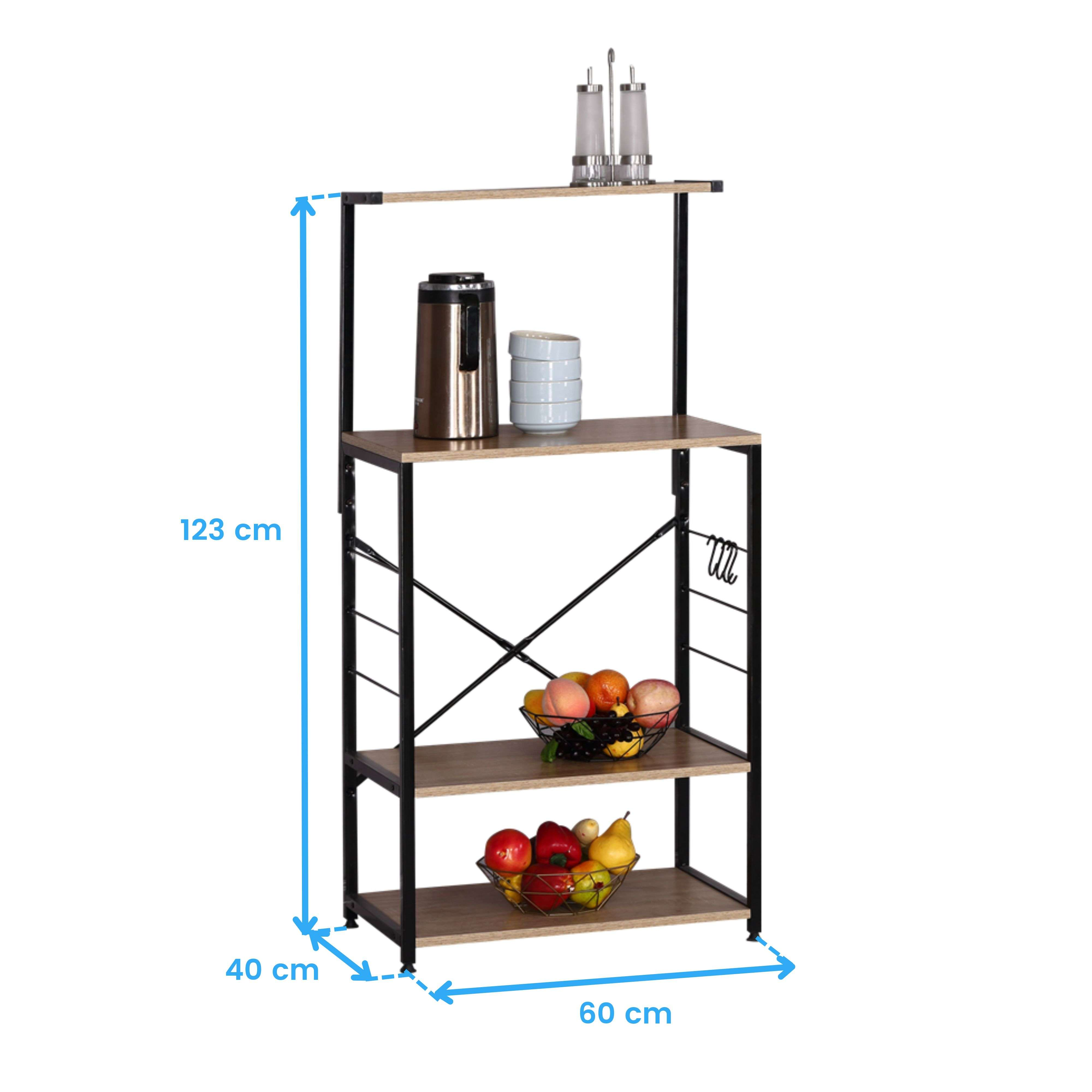 Estantería de cocina con tres niveles, cestas de fruta y dispensadores.