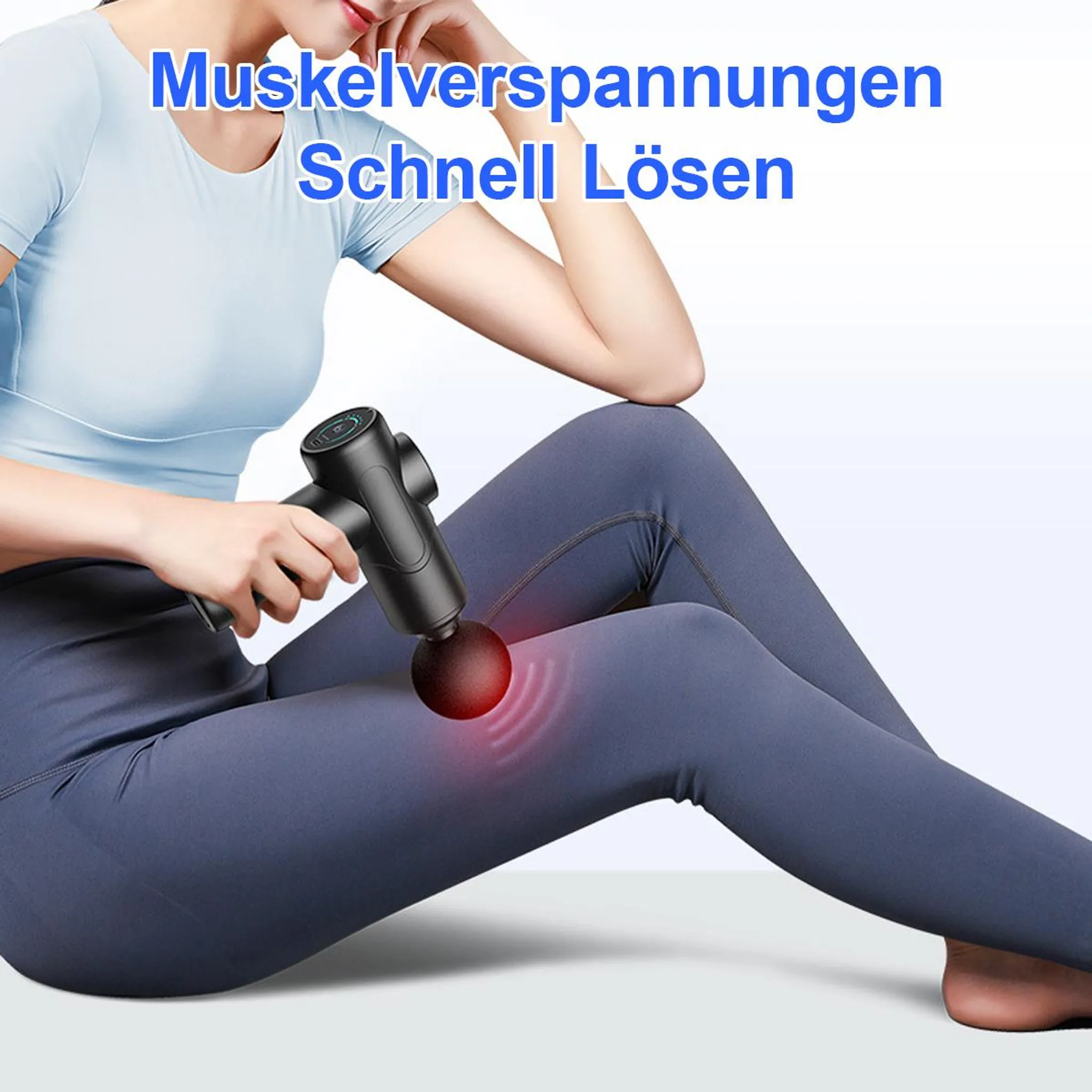 Frau mit Massagepistole am Oberschenkel, rote Hitzeanzeige