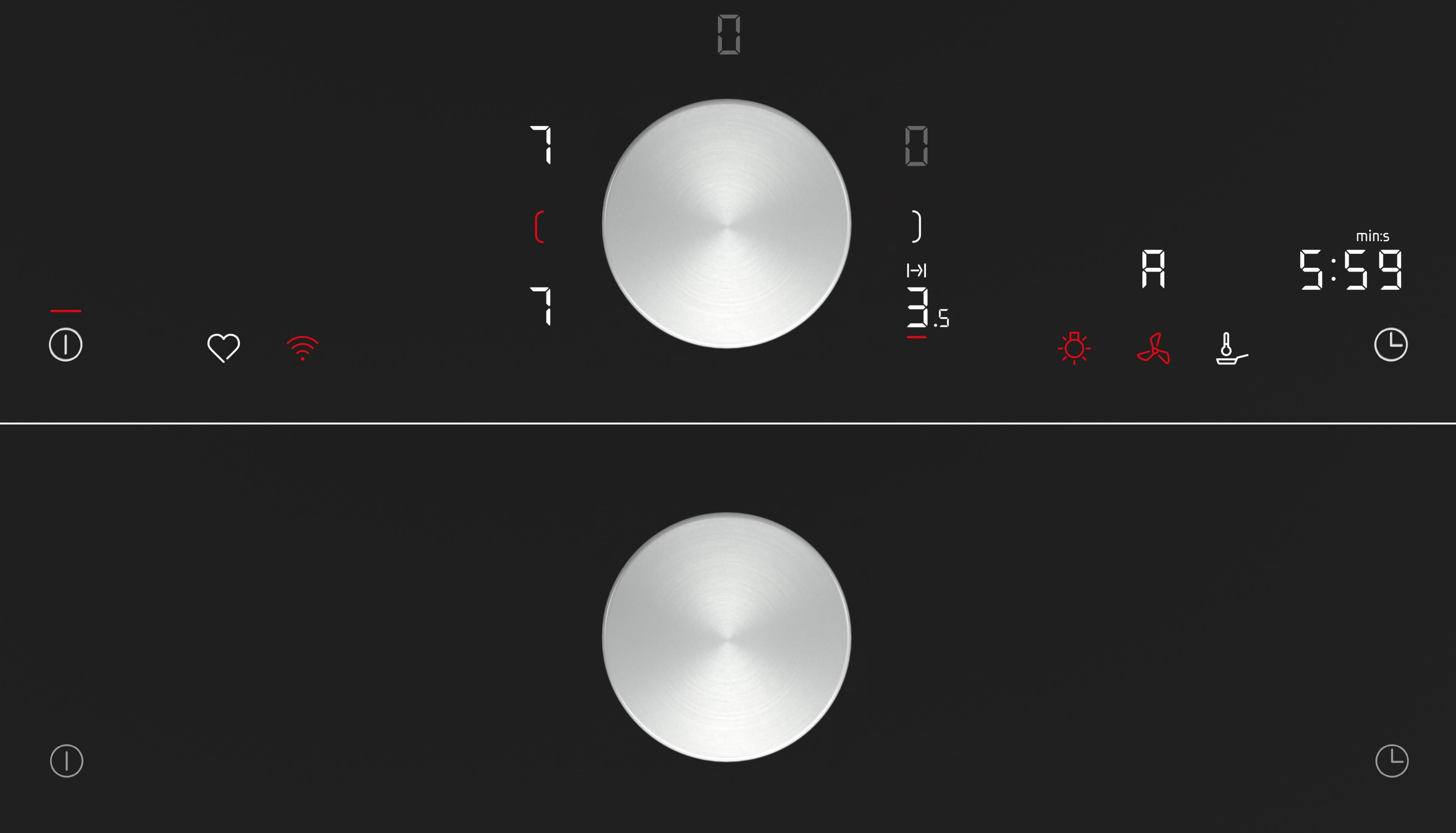 Czarny panel sterowania z dwoma pokrętłami i cyfrowymi wyświetlaczami.
