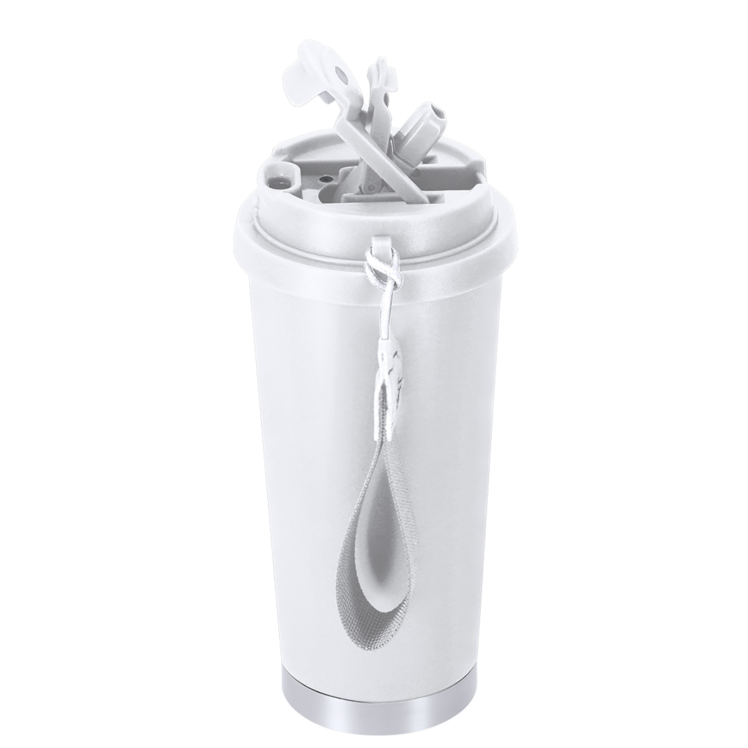 Ein weißer Becher mit silbernem Boden und einem Tragegriff.