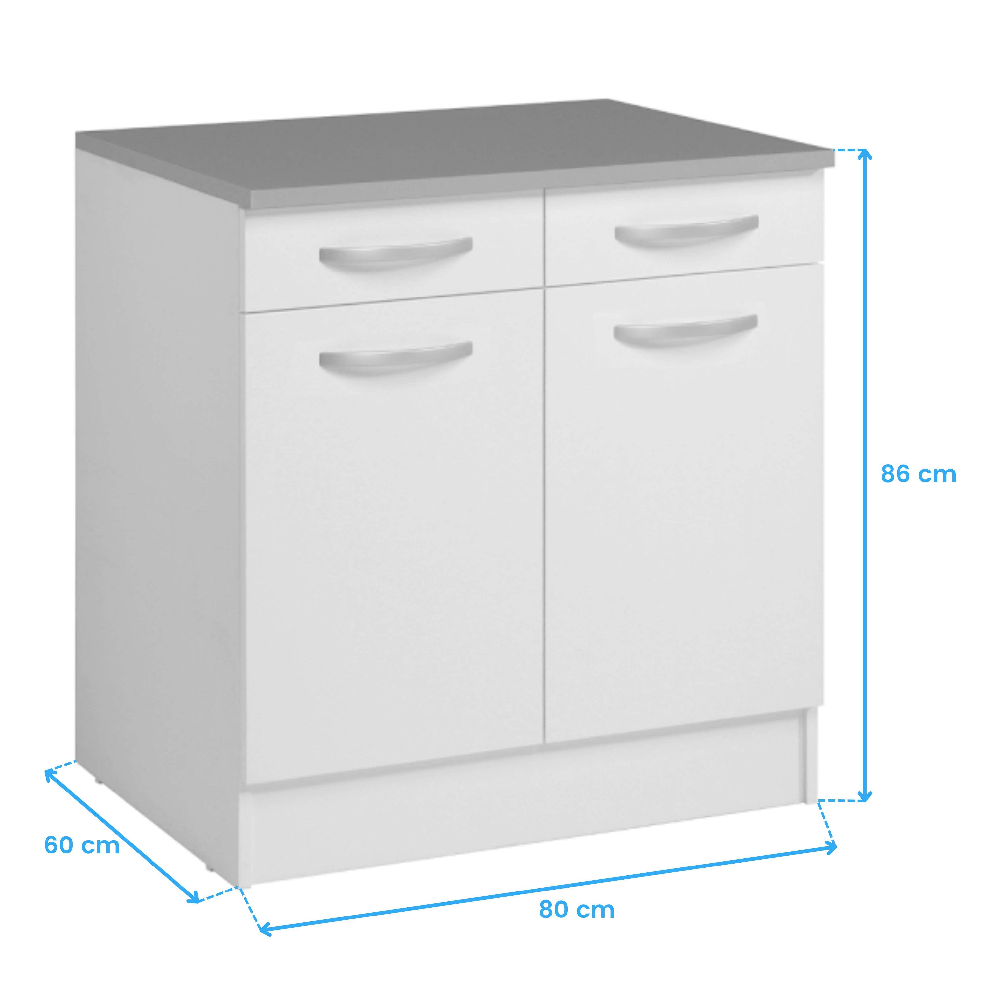 Un armario blanco con tapa gris, mide 80x60x86 cm.