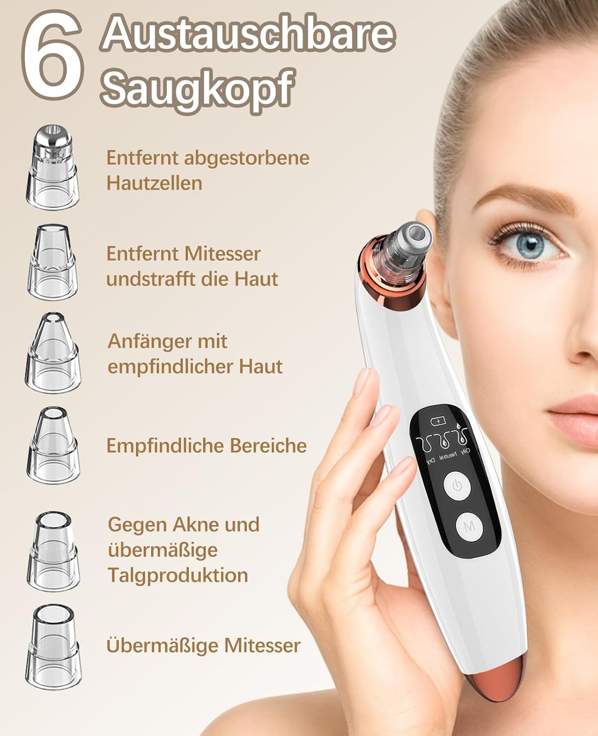 Ein Hautpflegegerät mit sechs austauschbaren Aufsätzen, das Mitesser und abgestorbene Hautzellen entfernt.