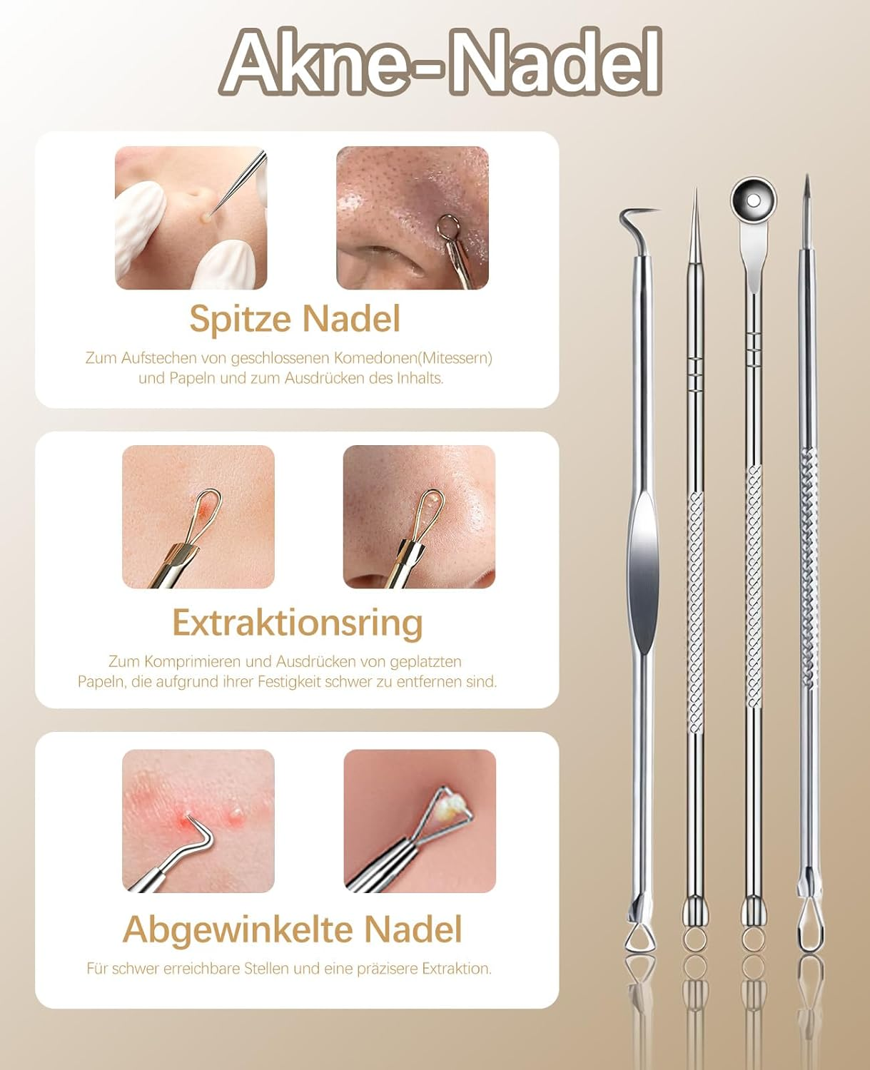 Akne-Nadeln für die Hautpflege, mit spitzen, Ring- und abgewinkelten Spitzen.