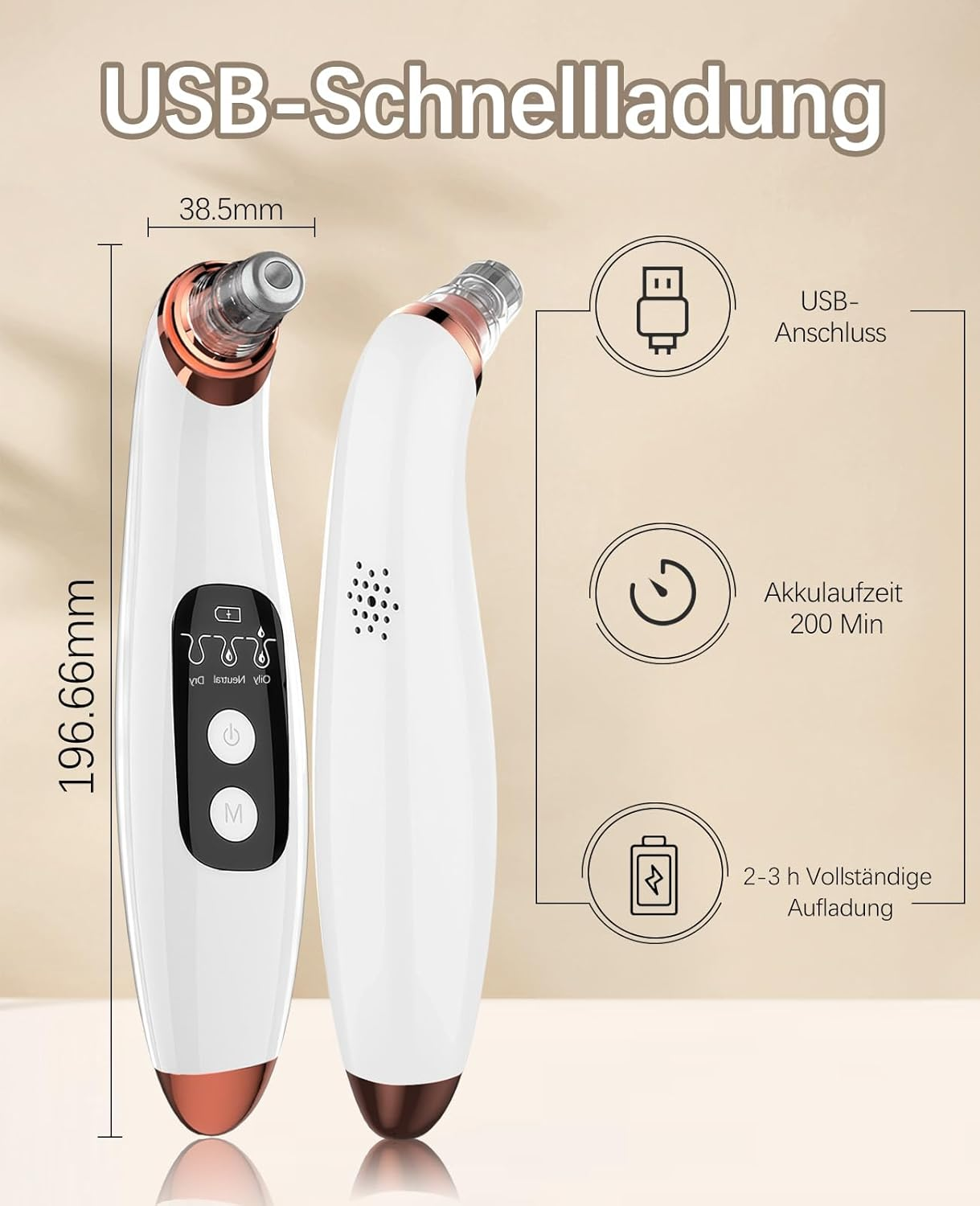 Ein weißes Hautpflegegerät mit kupferfarbenen Details und USB-Anschluss.