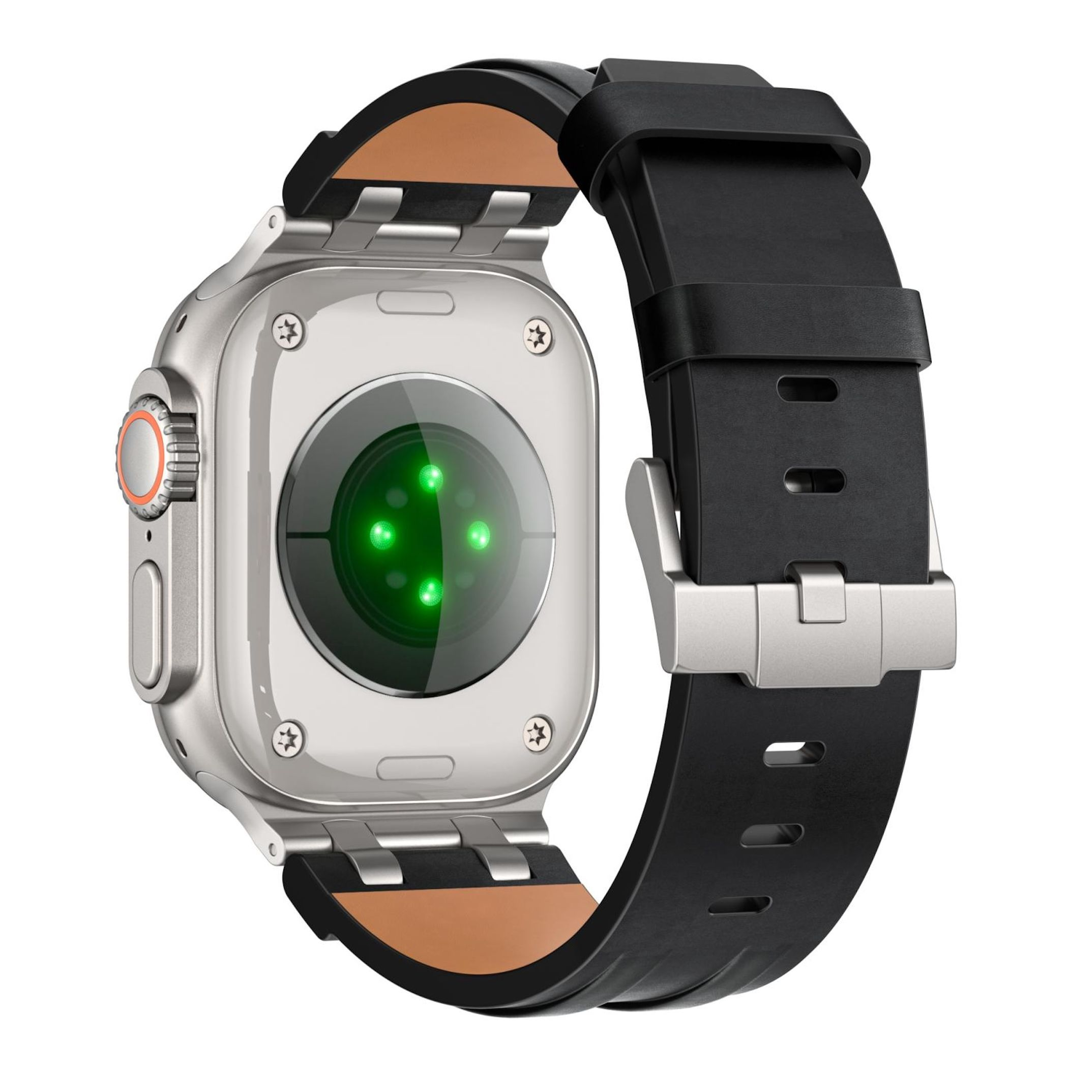 Rückansicht einer Smartwatch mit silbernem Gehäuse, schwarzem Armband und grünen Sensoren.