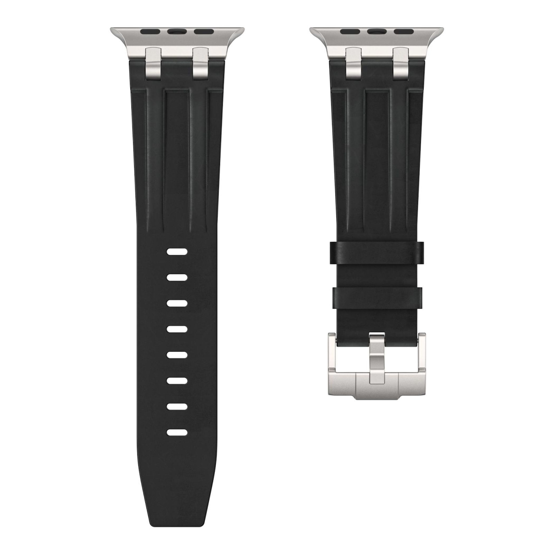 Zwei schwarze Uhrenarmbänder mit silbernen Anschlüssen und Schnallen.