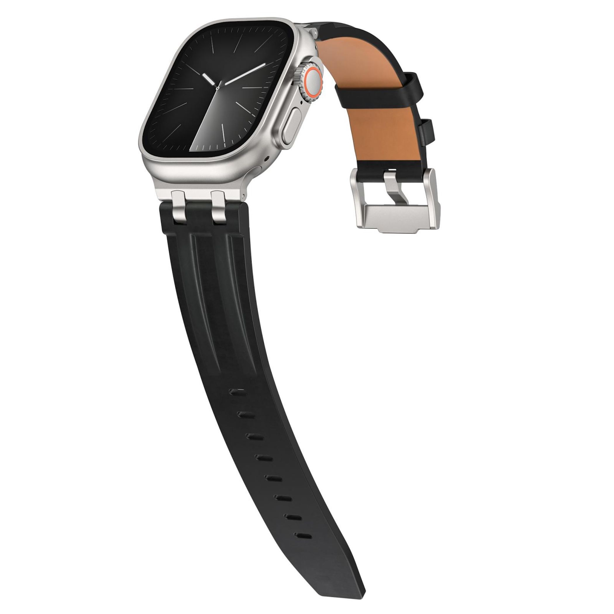 Eine silberne Smartwatch mit schwarzem und braunem Armband.