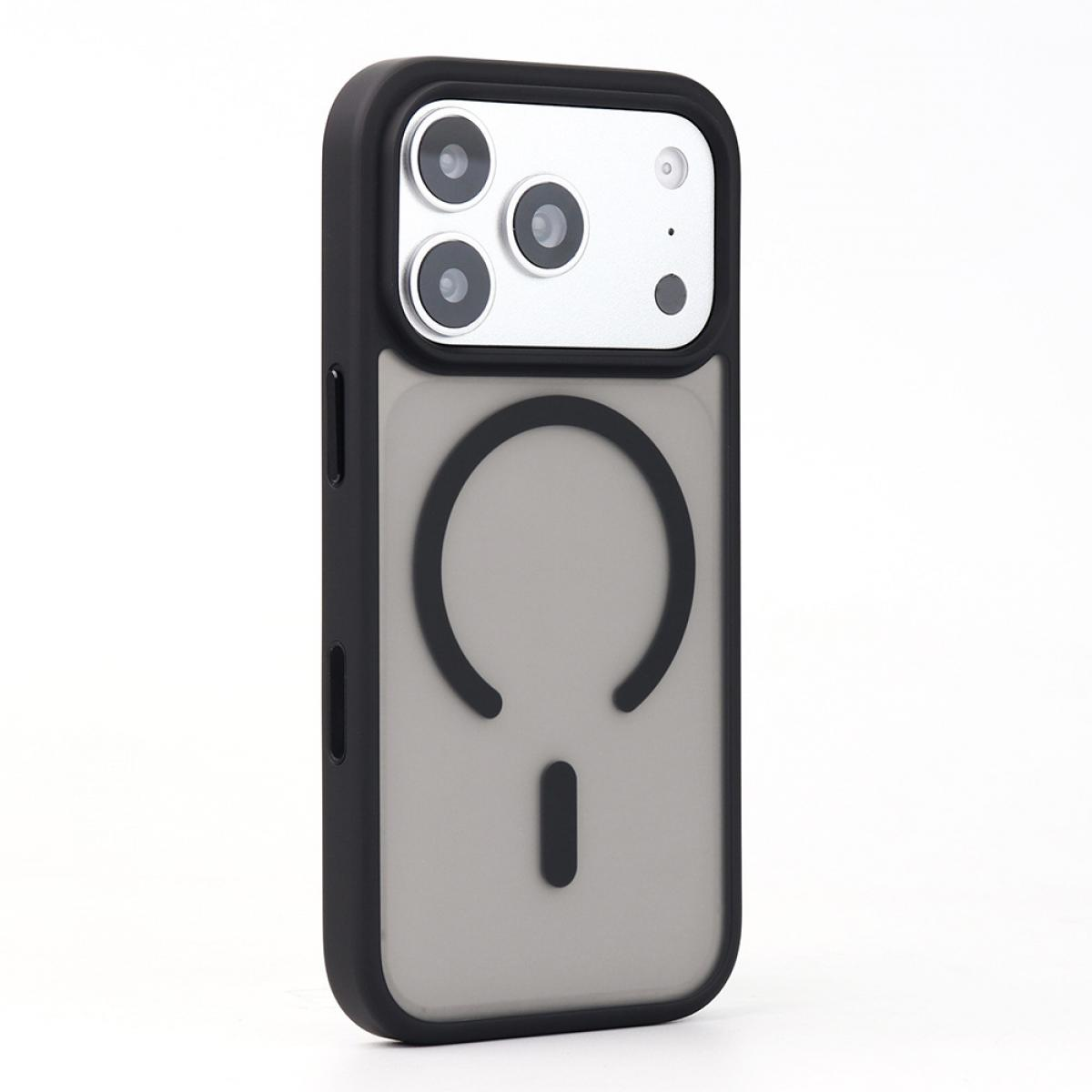 Schwarzes iPhone-Schutzhülle mit Kameraausschnitt und Ladekreis.