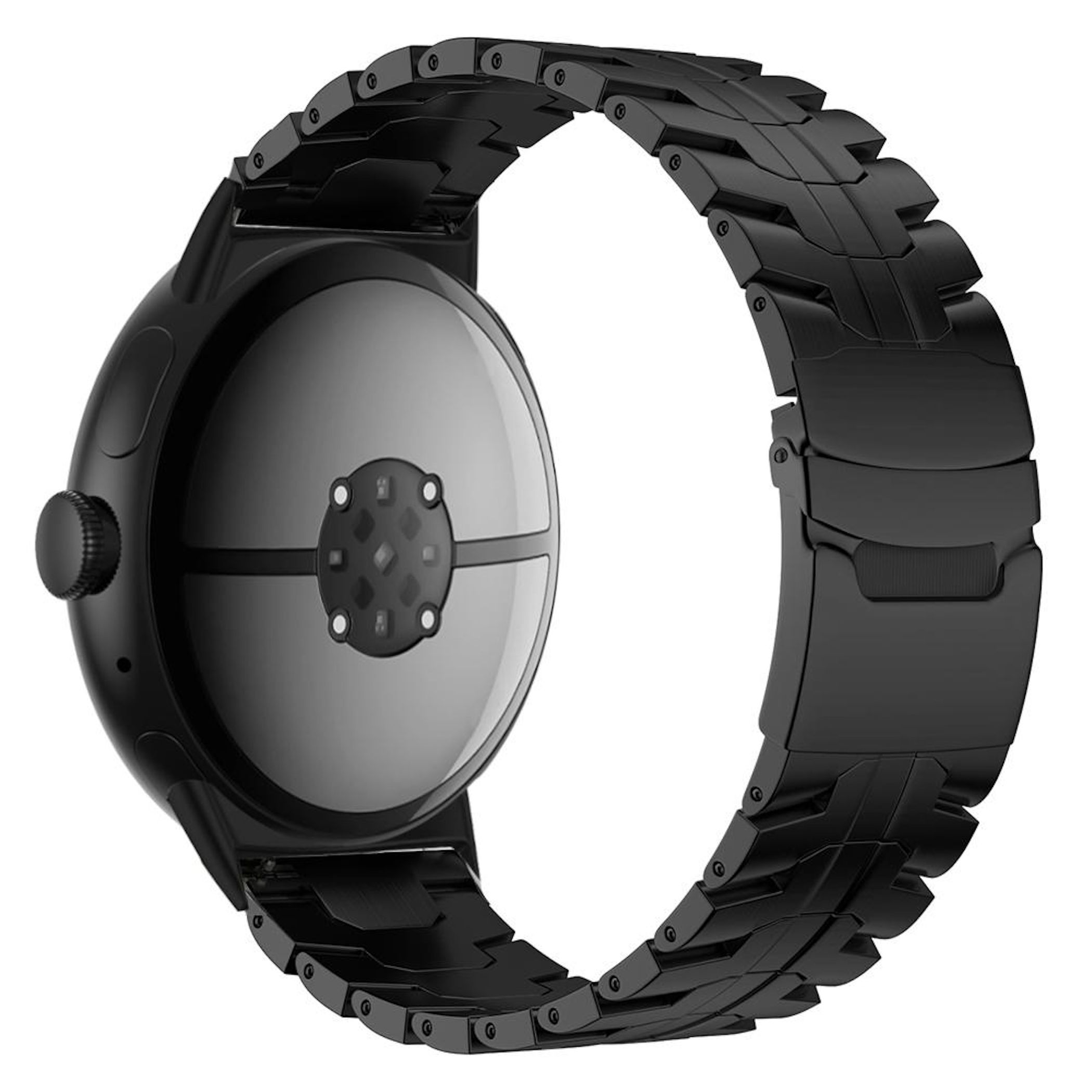 Schwarze Smartwatch mit Metallarmband, Rückseite mit Sensoren.