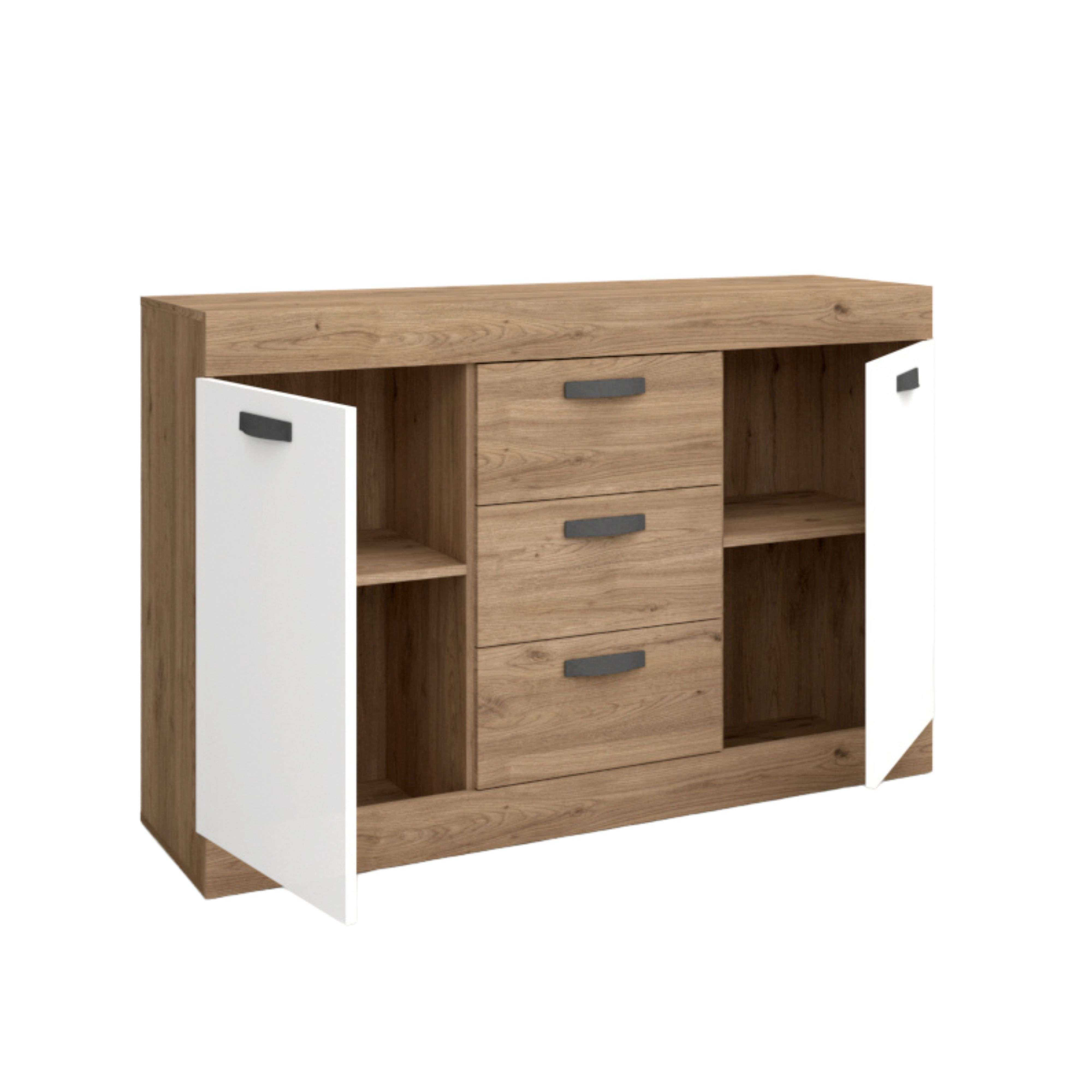 Un aparador de madera marrón con tres cajones y puertas blancas.