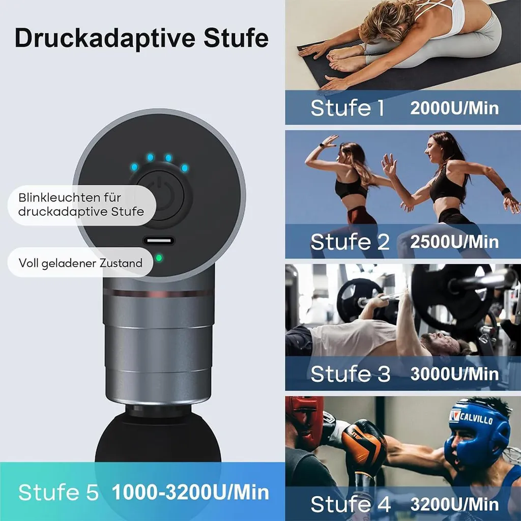 Massagepistole mit Stufenanzeige. Bilder zeigen Yoga, Laufen, Gewichtheben, Boxen.