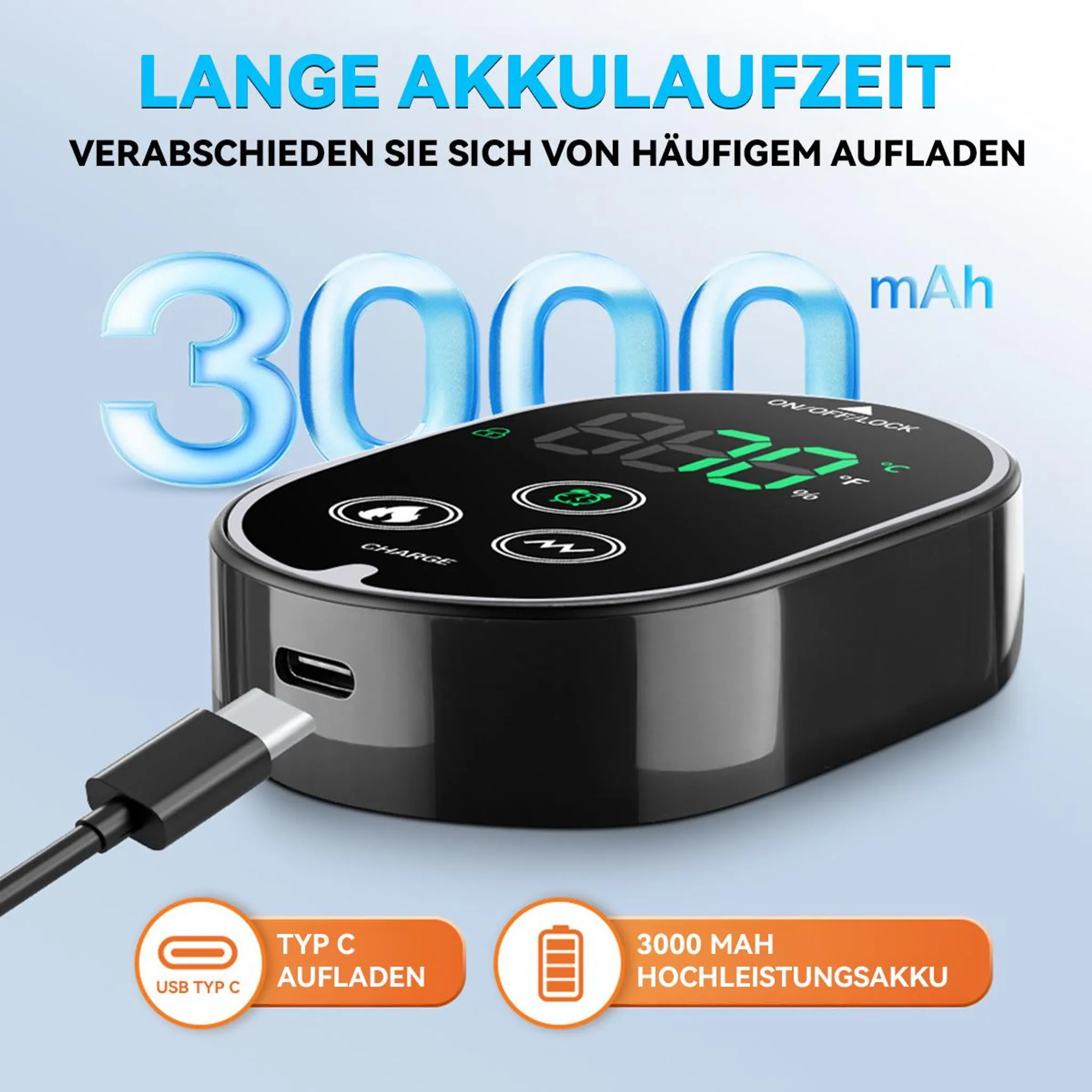 Schwarzes Ladegerät mit USB-C-Anschluss, 3000 mAh Akku.