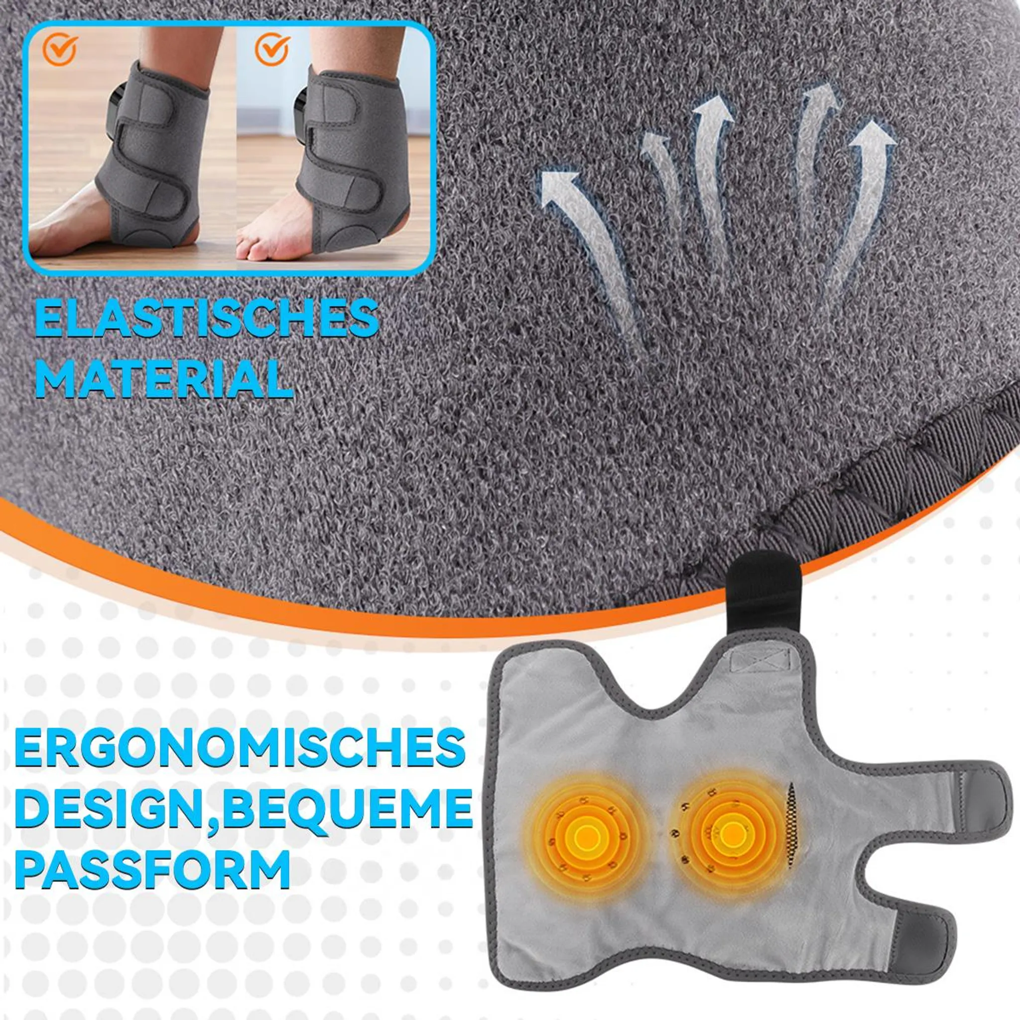 Graue Bandage mit Heizfunktion, elastisches Material, ergonomisches Design.