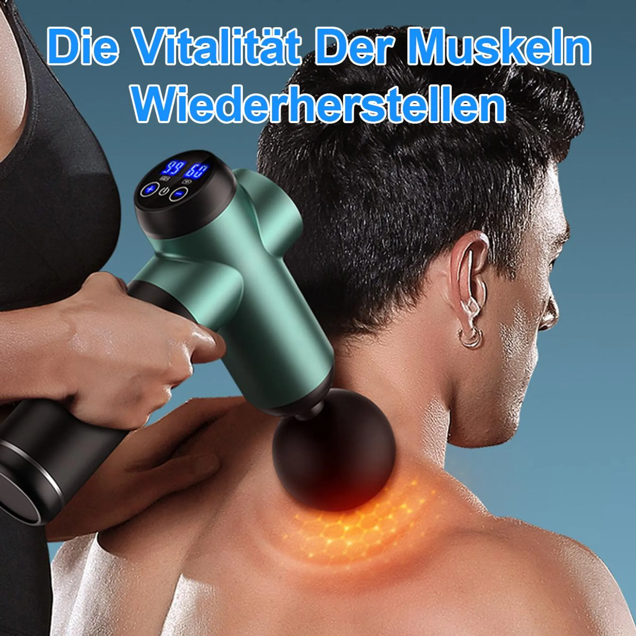Massagepistole am Nacken eines Mannes, mit leuchtenden Akzenten.