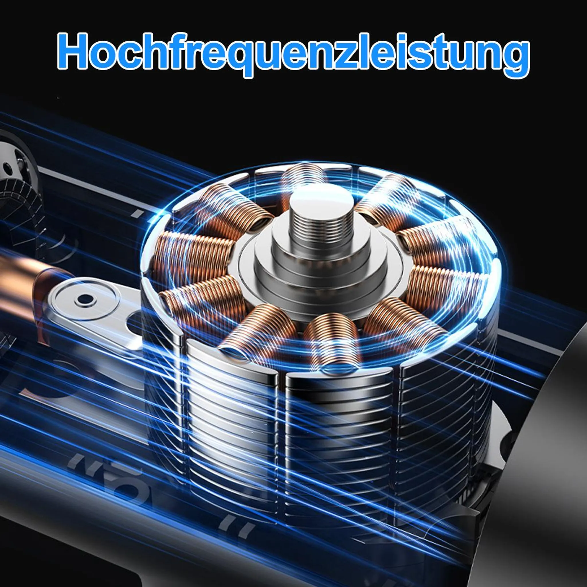 Nahaufnahme eines Motors mit Kupferwicklungen und blauen Lichtstrahlen.
