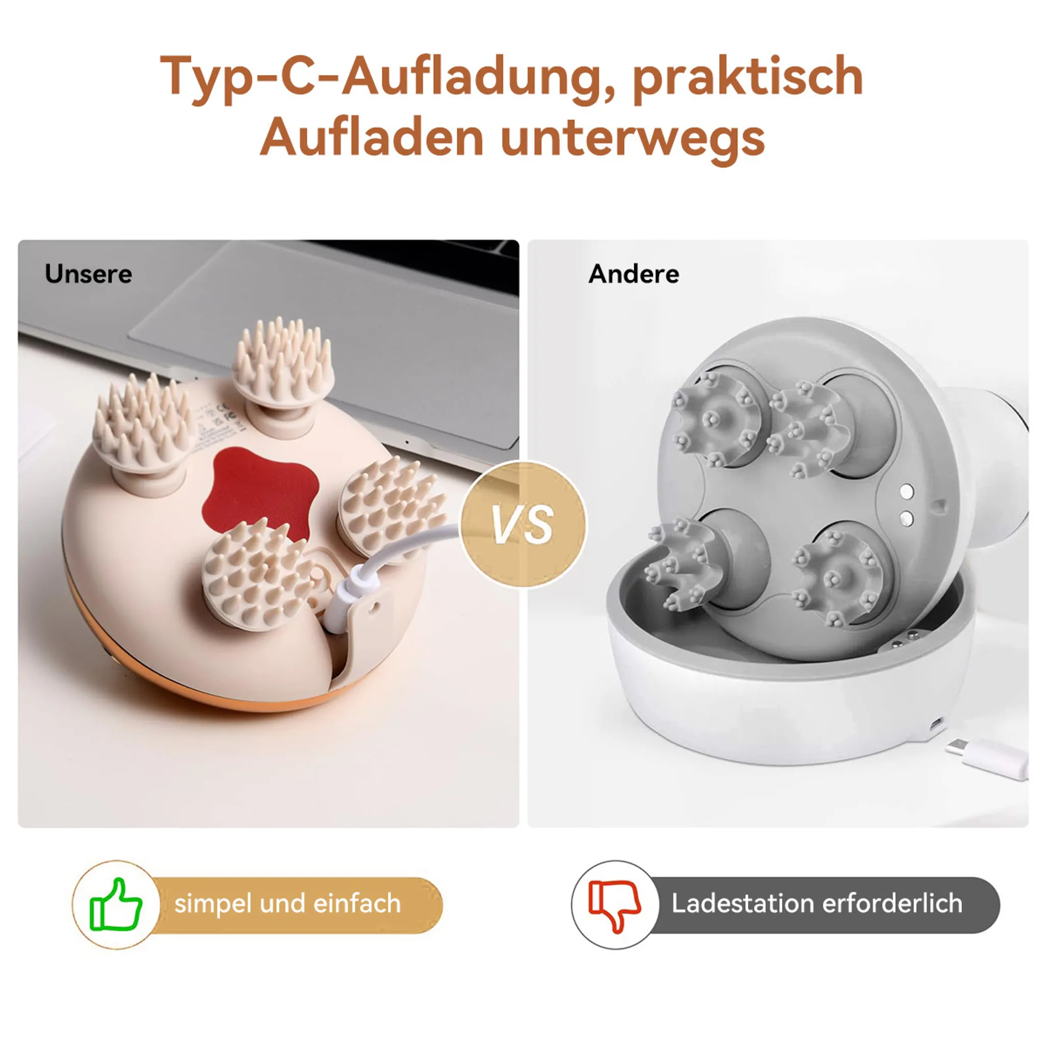 Zwei Massagegeräte im Vergleich: eins mit Typ-C-Ladekabel, eins mit Ladestation.