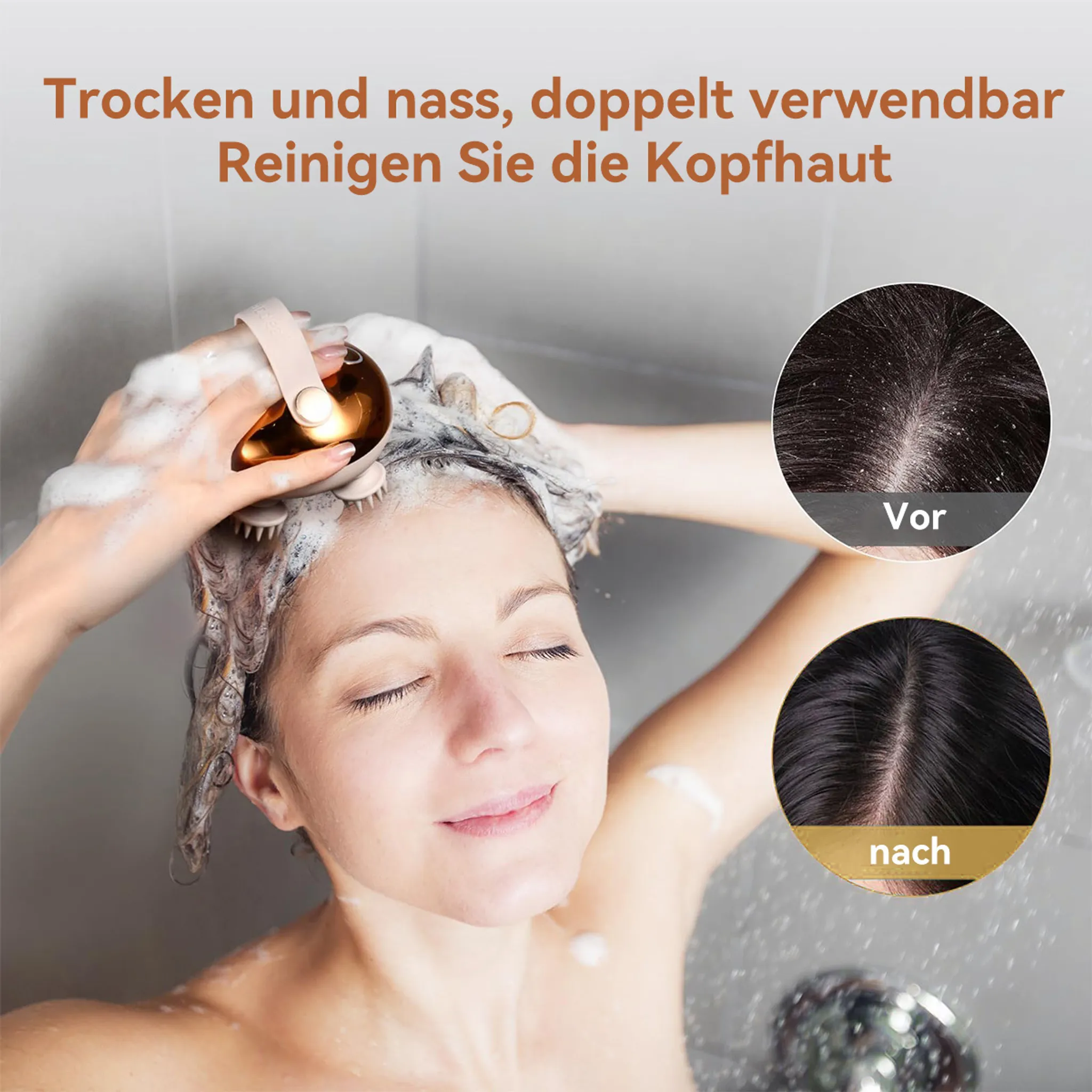 Frau wäscht Haare mit goldenem Gerät. Vorher/Nachher-Bilder zeigen Kopfhaut.
