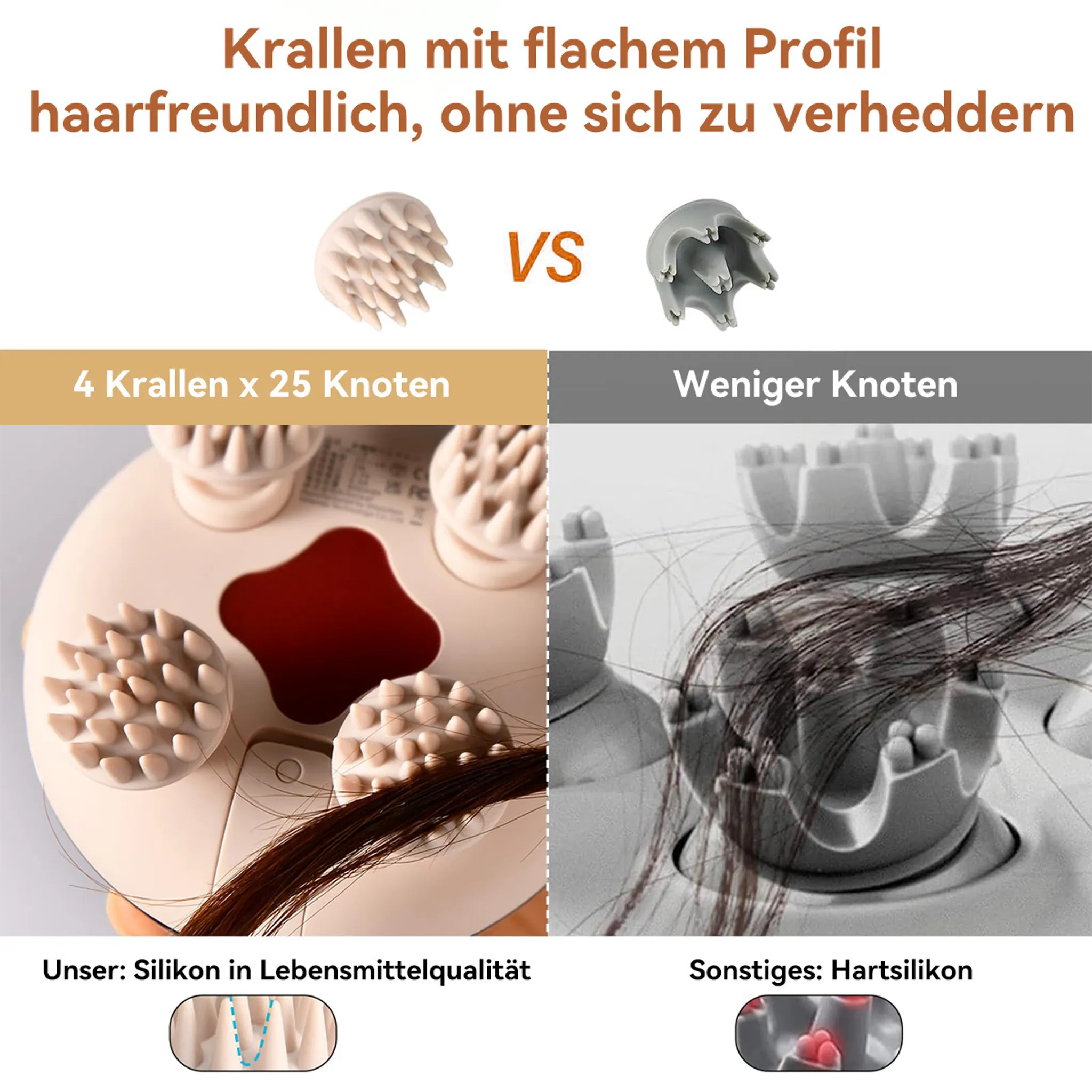 Vergleich von zwei Kopfmassagegeräten: eines mit flachen, haarfreundlichen Krallen und viele Knoten.