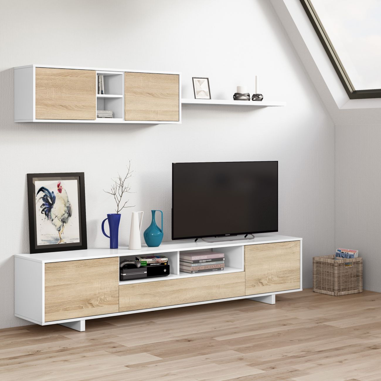 Sala de estar moderna con mueble de TV blanco, armario de pared, televisión y decoración.