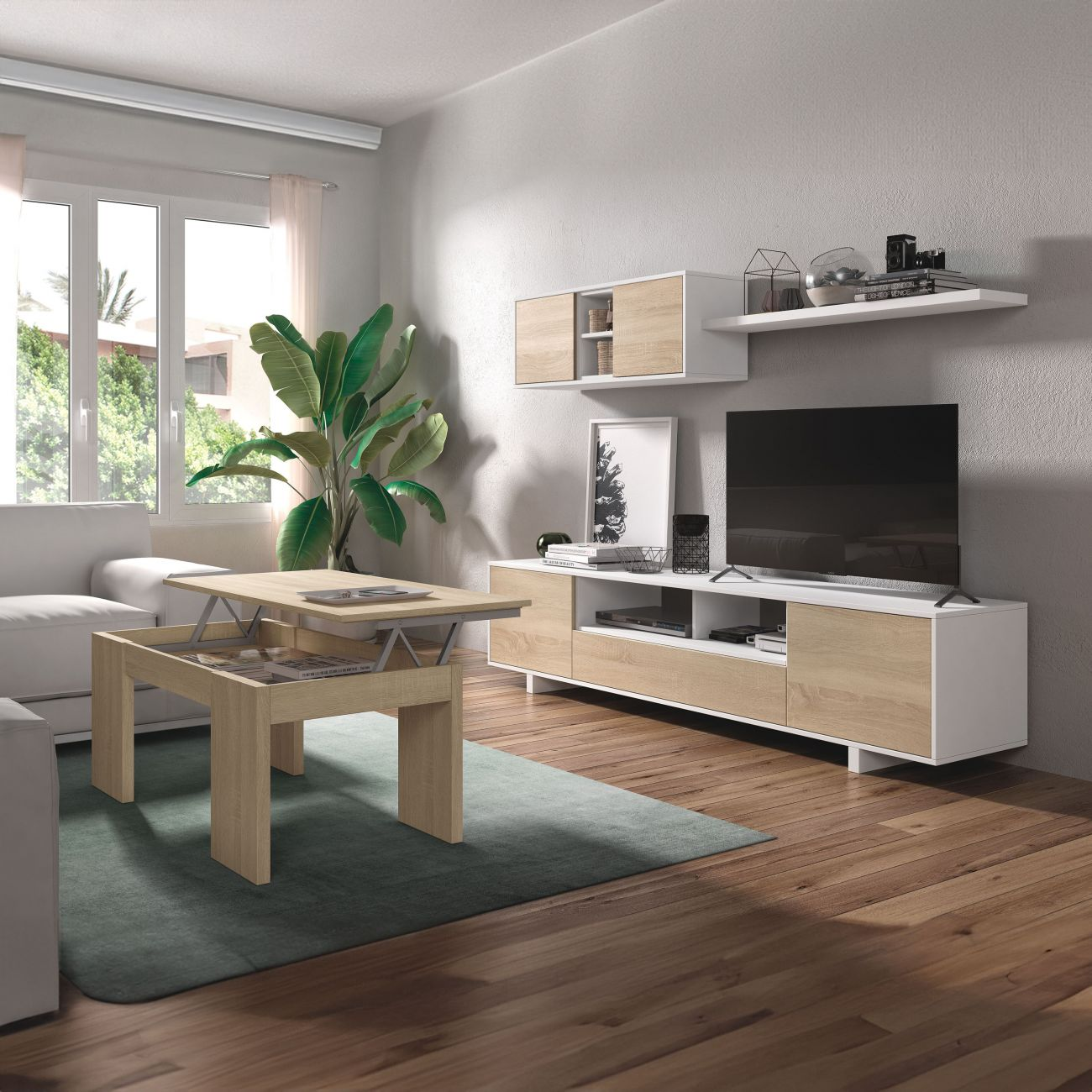 Una sala de estar con sofá, mesa de centro elevable, mueble de TV y planta.