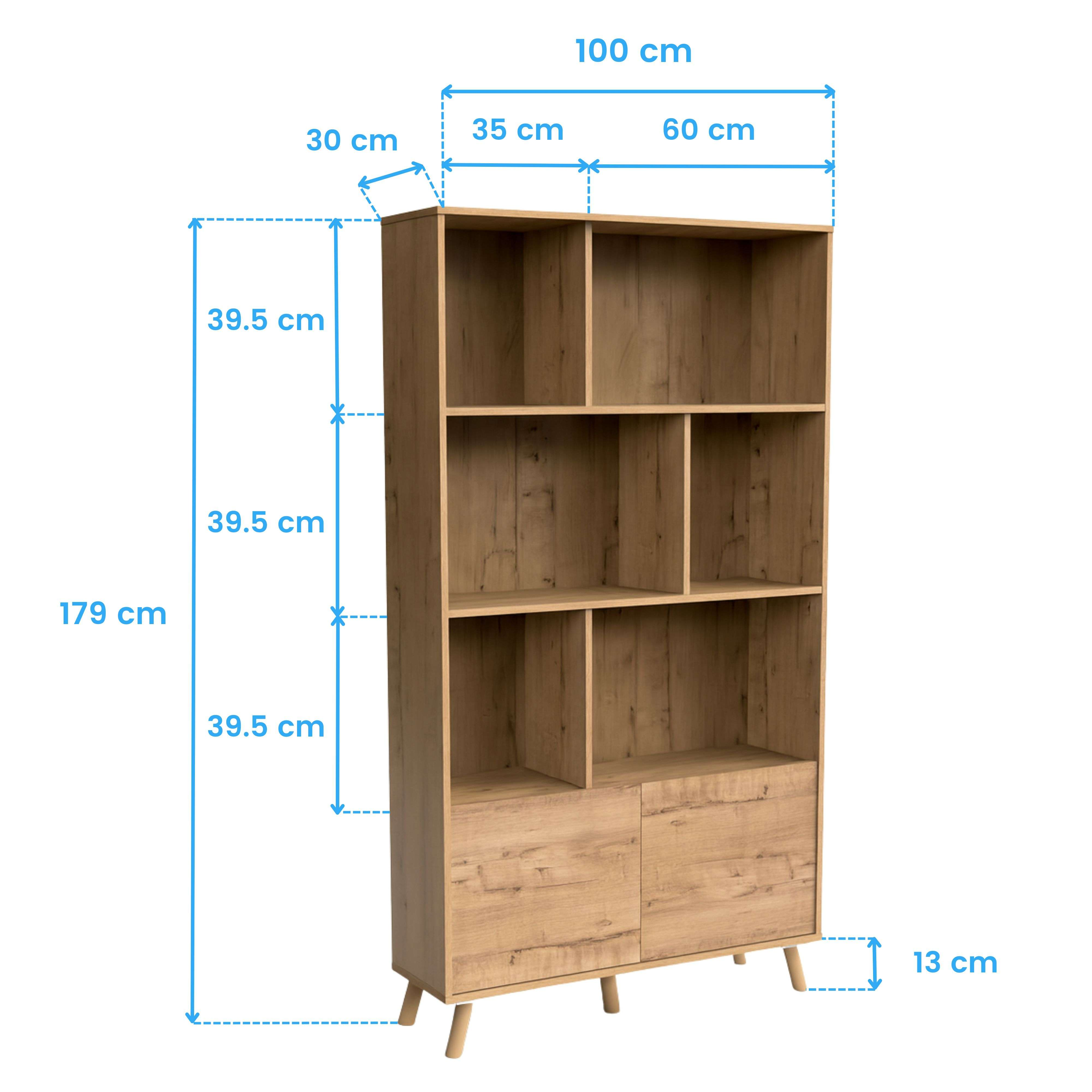 Estantería de madera alta con dimensiones.