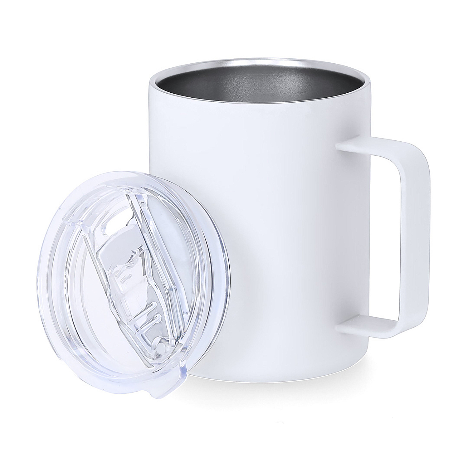 Eine weiße Tasse mit Griff und durchsichtigem Deckel.