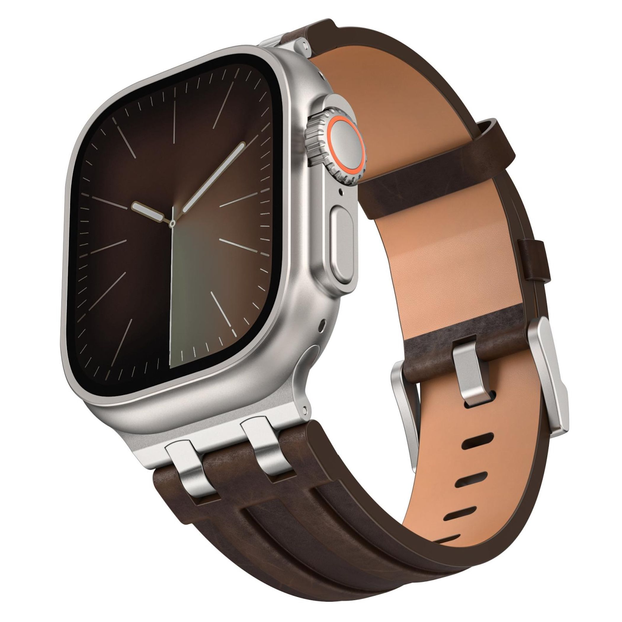 Uno smartwatch argentato con cinturino in pelle marrone. Il quadrante è marrone scuro.