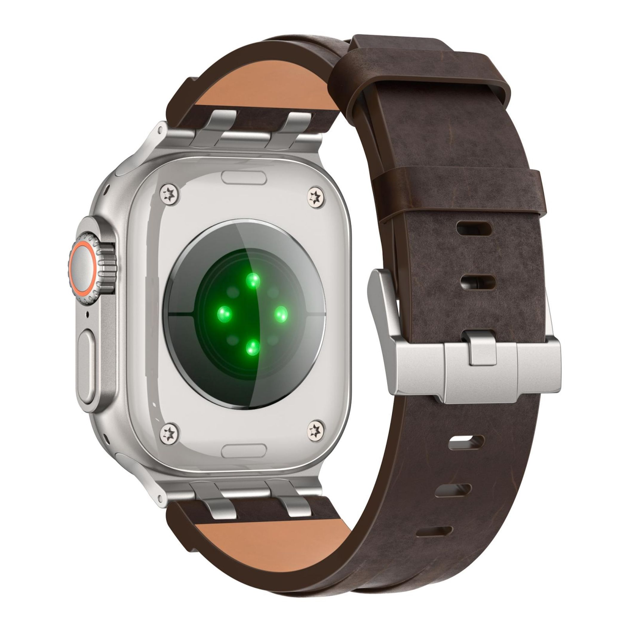 Retro di uno smartwatch con cinturino in pelle marrone e sensori verdi.