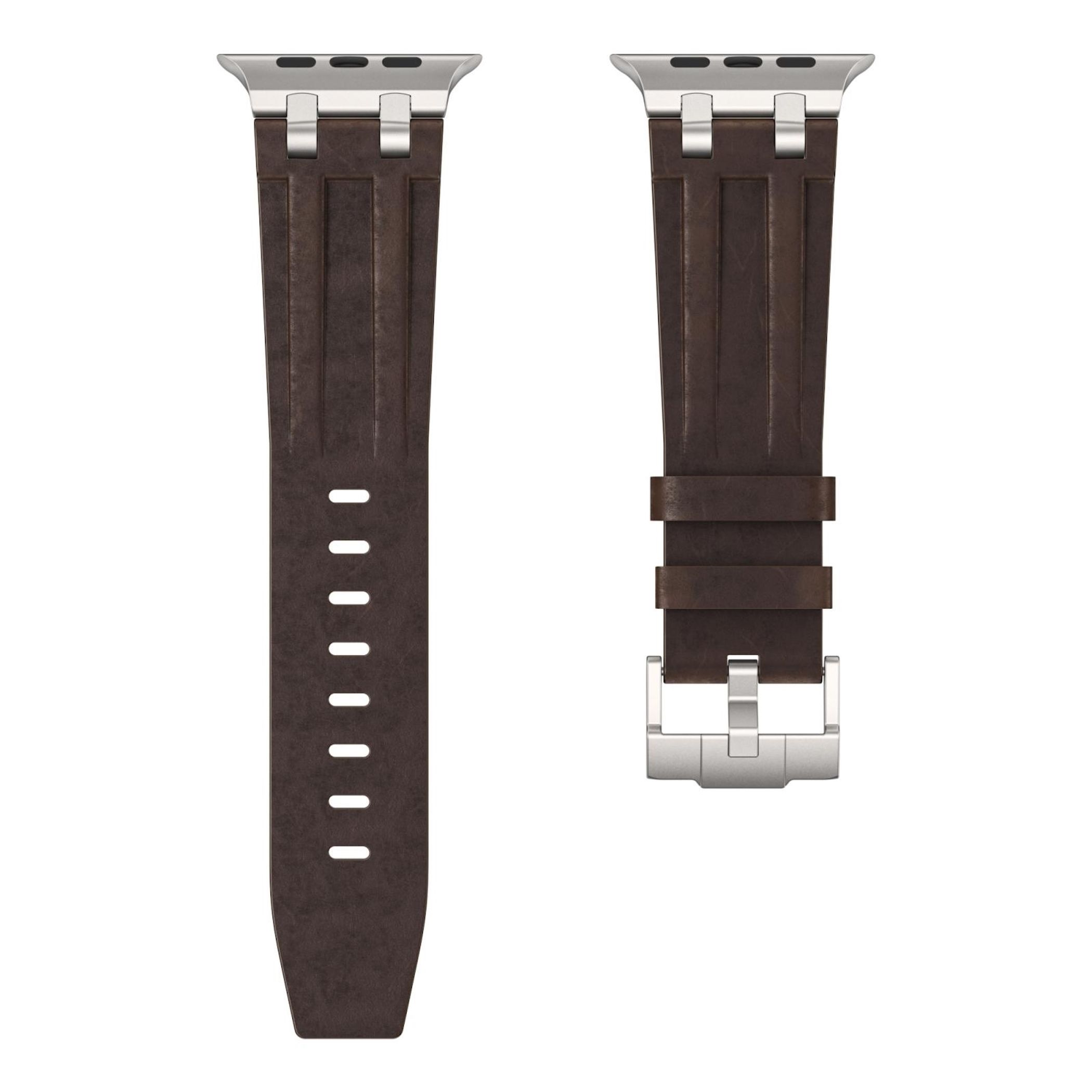 Cinturino in pelle marrone per orologio con fibbia e connettori argentati.