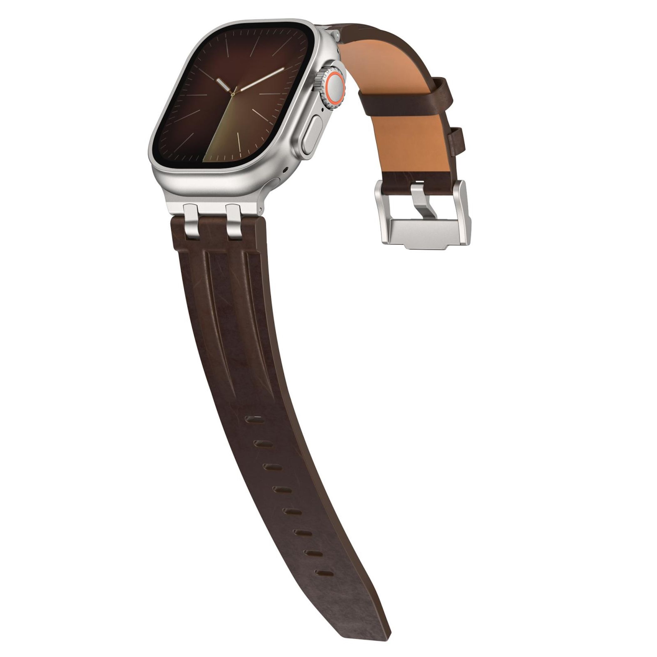 Smartwatch argento con cinturino in pelle marrone e fibbia.