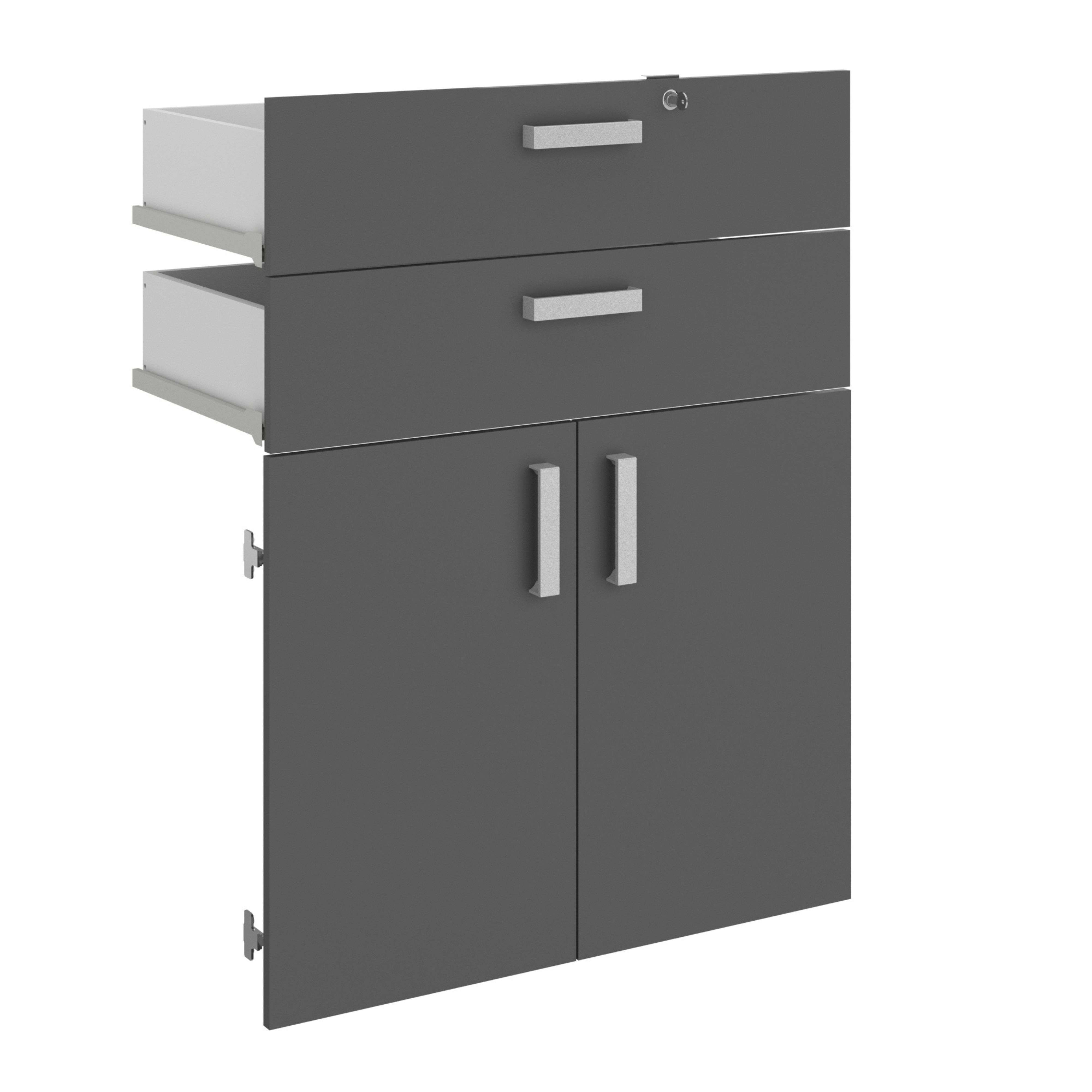 Un mueble de oficina gris con dos cajones y dos puertas.