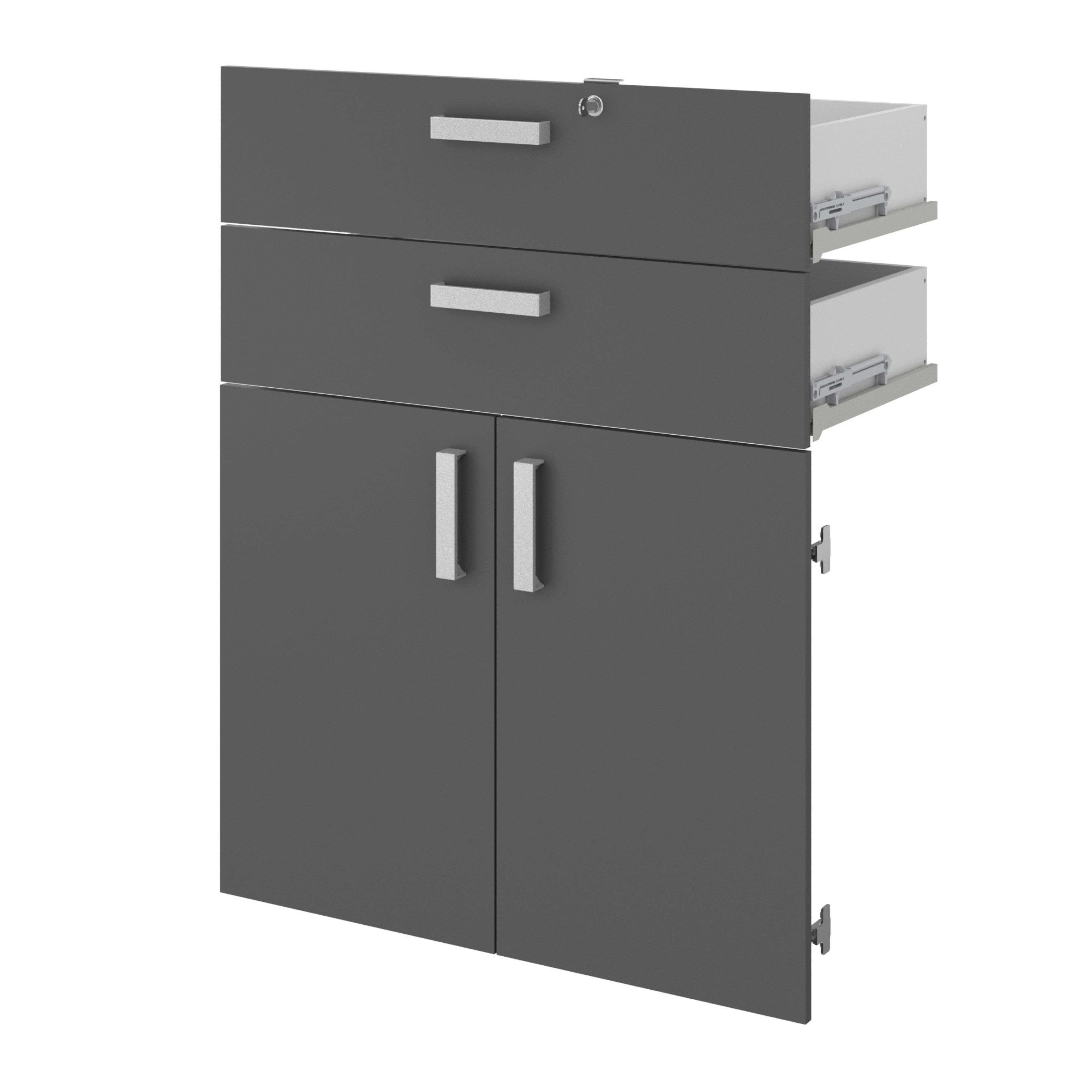 Gabinete gris con dos puertas y dos cajones abiertos con tiradores plateados.