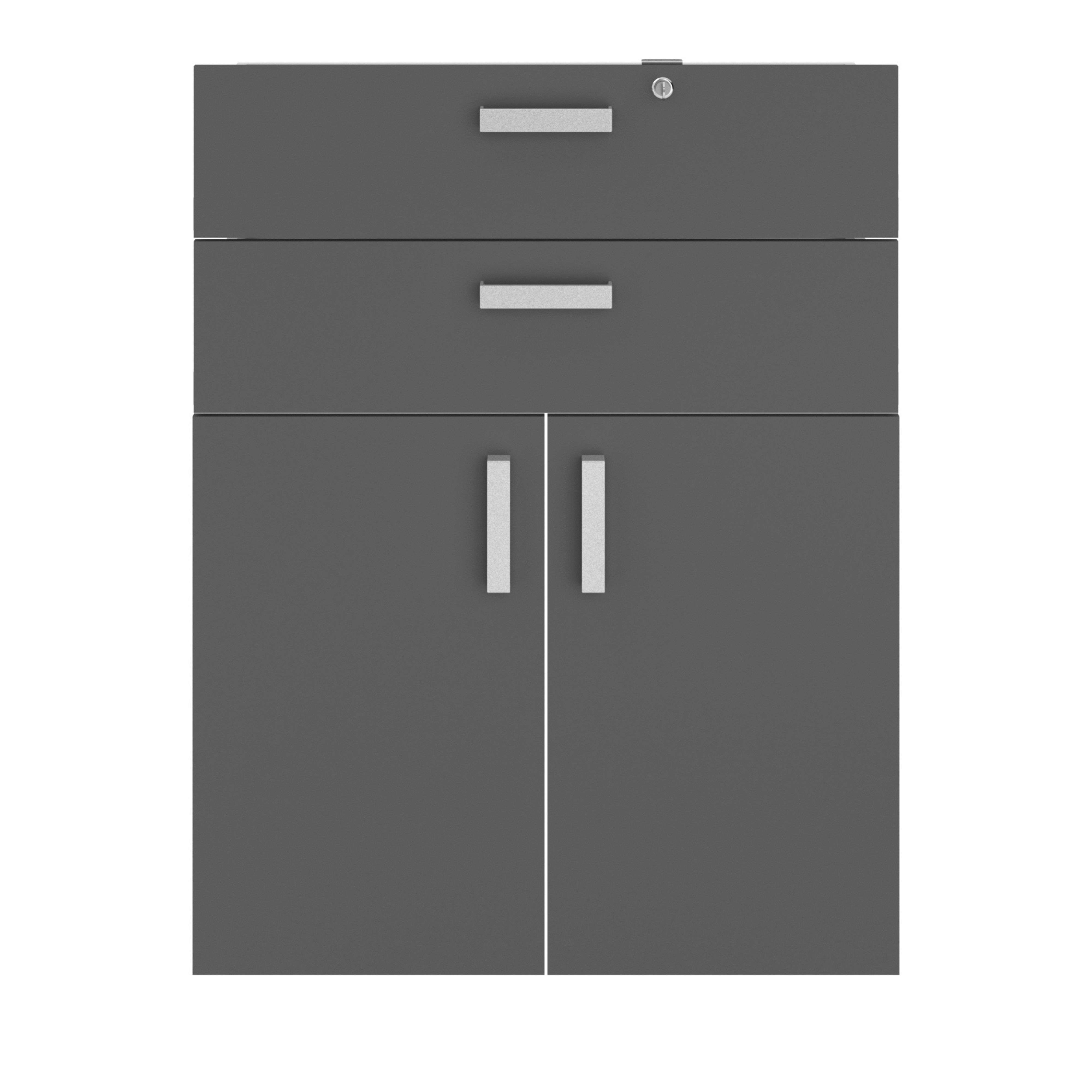 Gabinete gris de oficina con dos cajones arriba y dos puertas abajo.