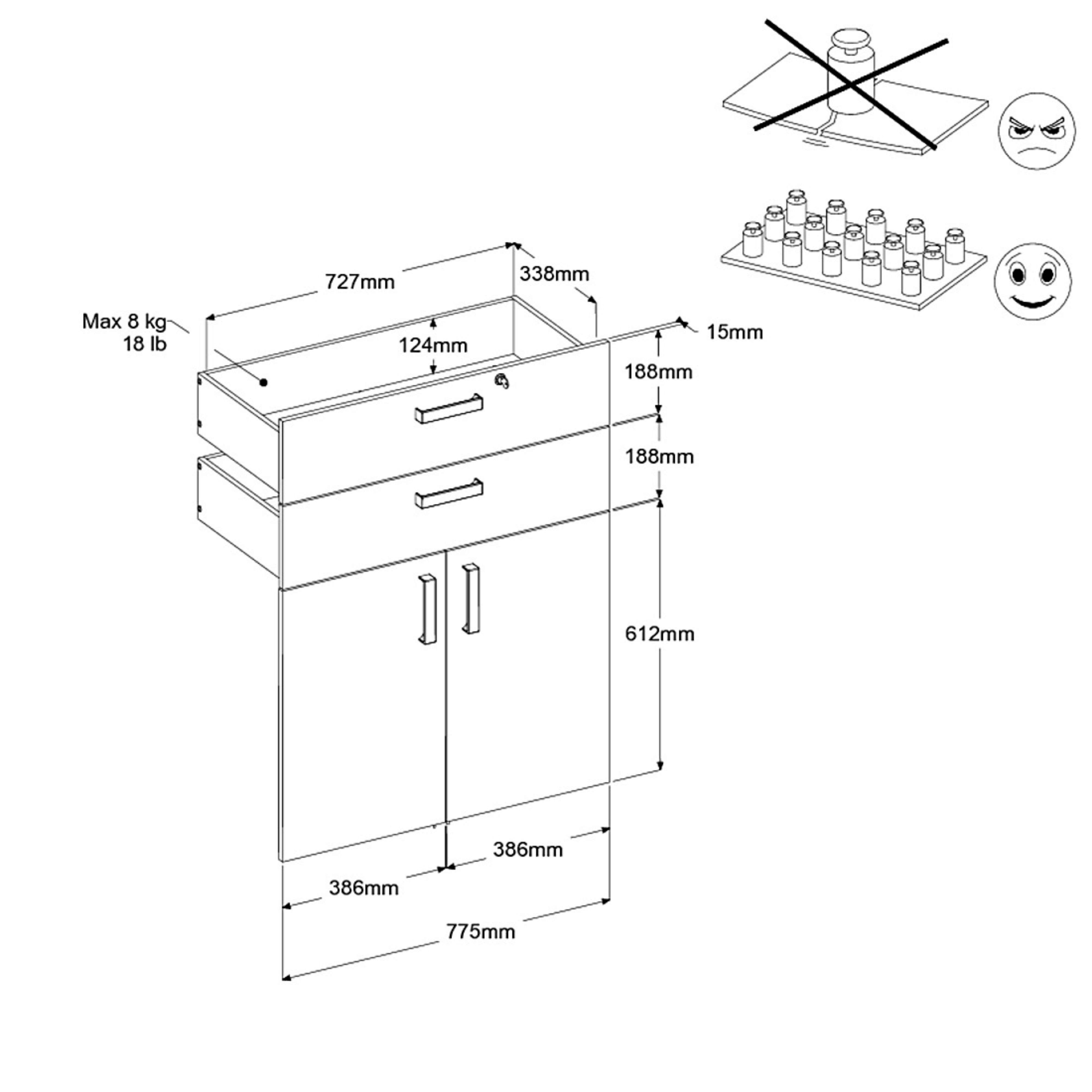 Dibujo técnico de una unidad con cajones y puertas con dimensiones.