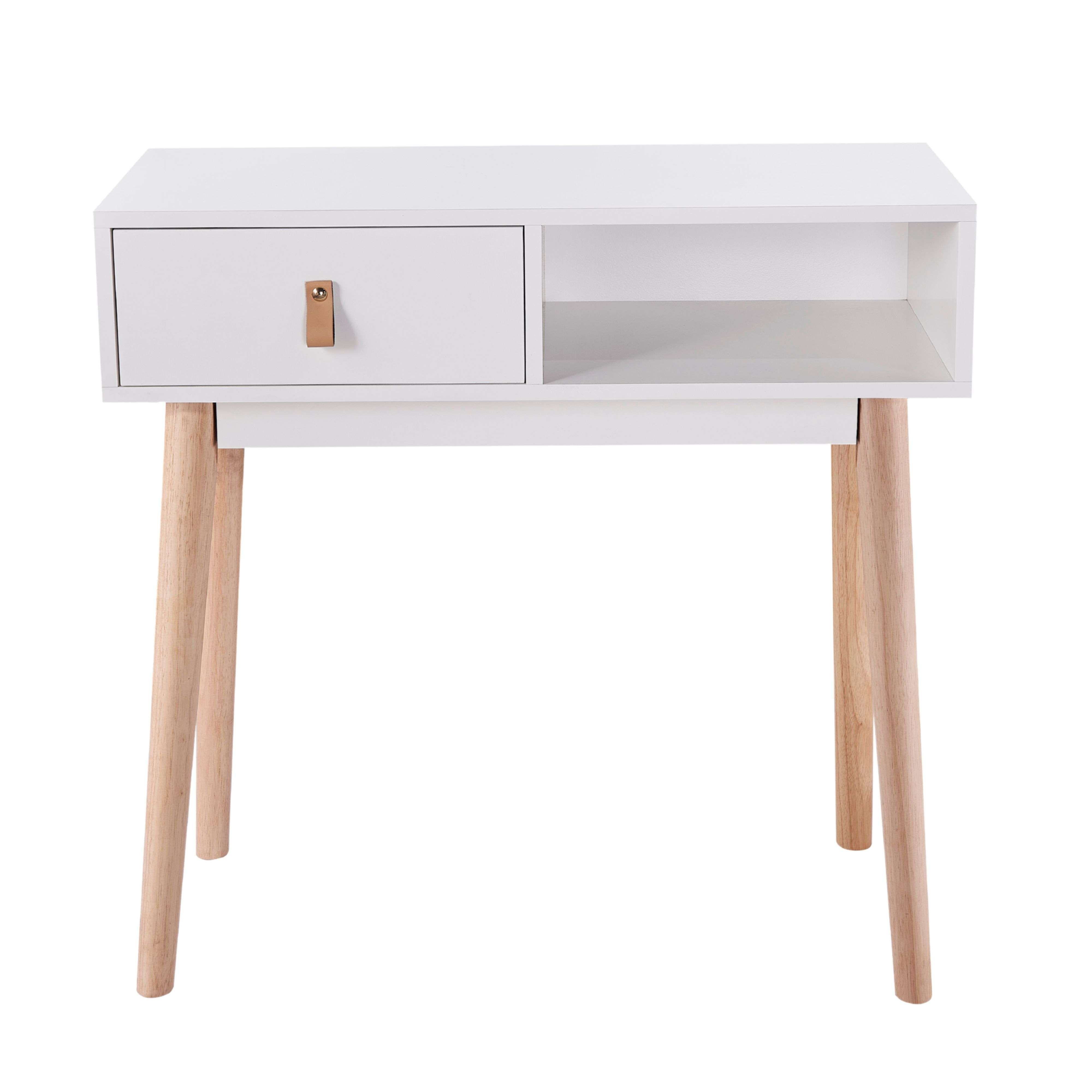 Mesita de noche blanca con un cajón, un estante abierto y patas de madera.