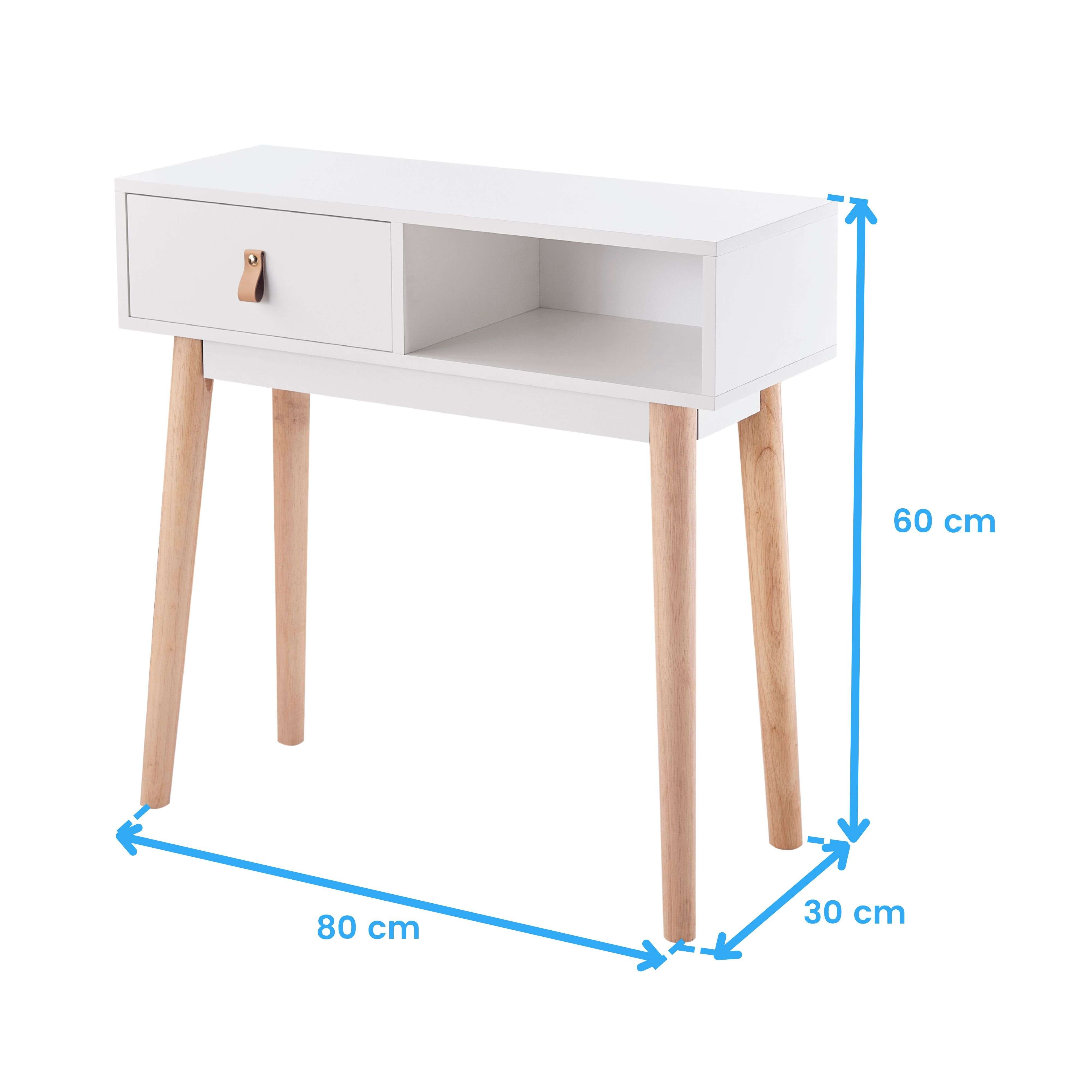 Mesa consola blanca con un estante, un cajón y patas de madera. Dimensiones: 80x30x60 cm.