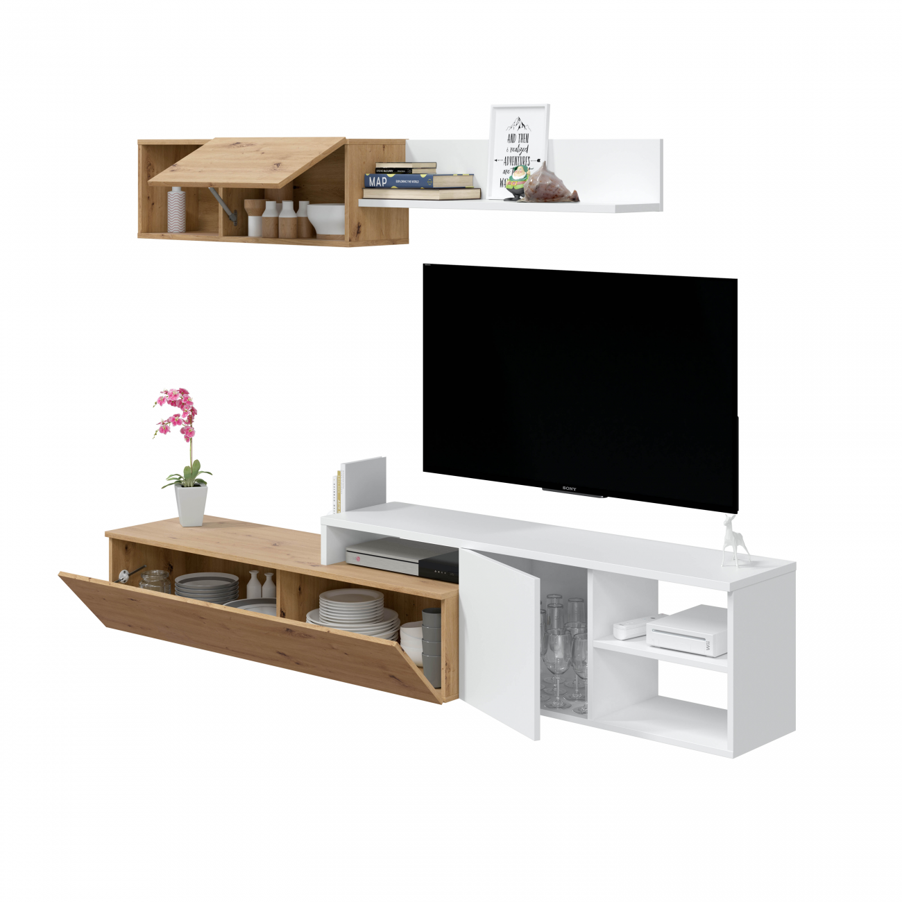 Un mueble de TV moderno con unidades de madera y blancas, estantes abiertos y cajones.