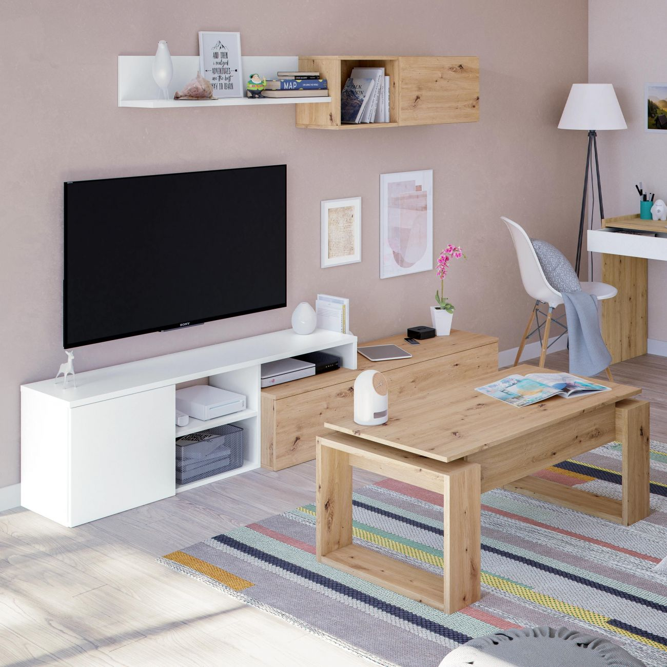Sala de estar moderna con TV, muebles de madera, lámpara y alfombra.