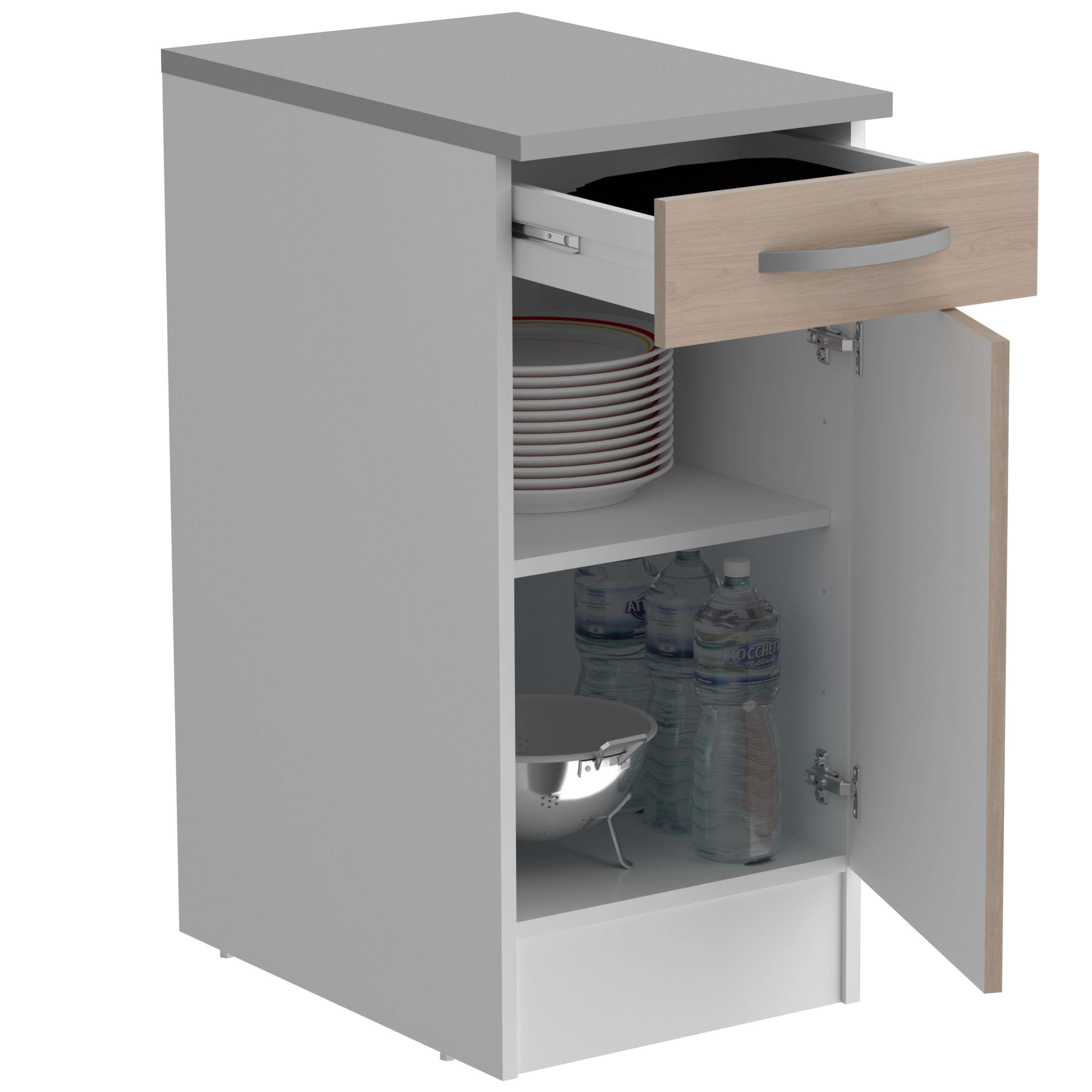 Un mueble de cocina blanco con cajón y puerta abiertos, que contiene platos, botellas y un bol.