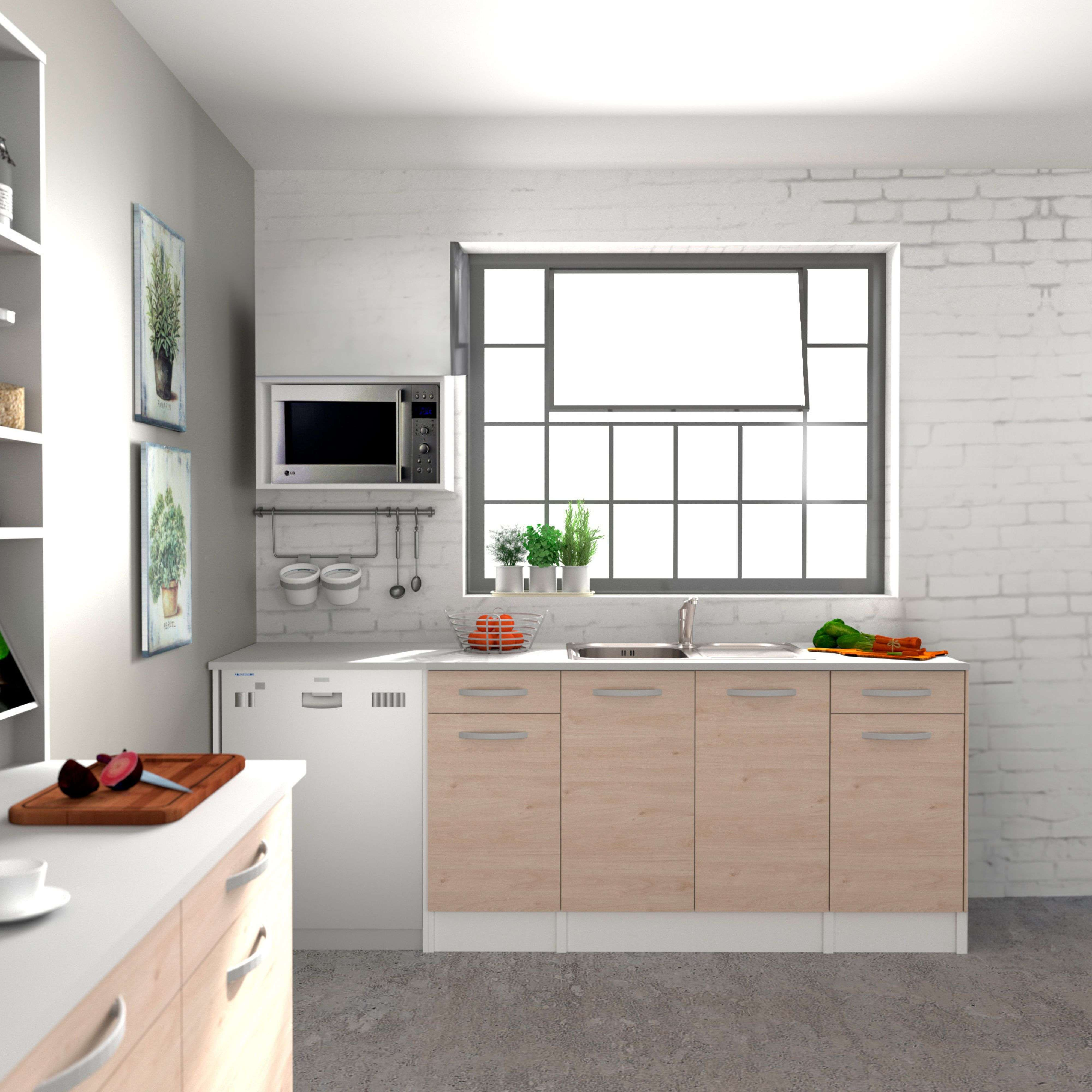 Cocina moderna con gabinetes de madera, fregadero, microondas y ventana.