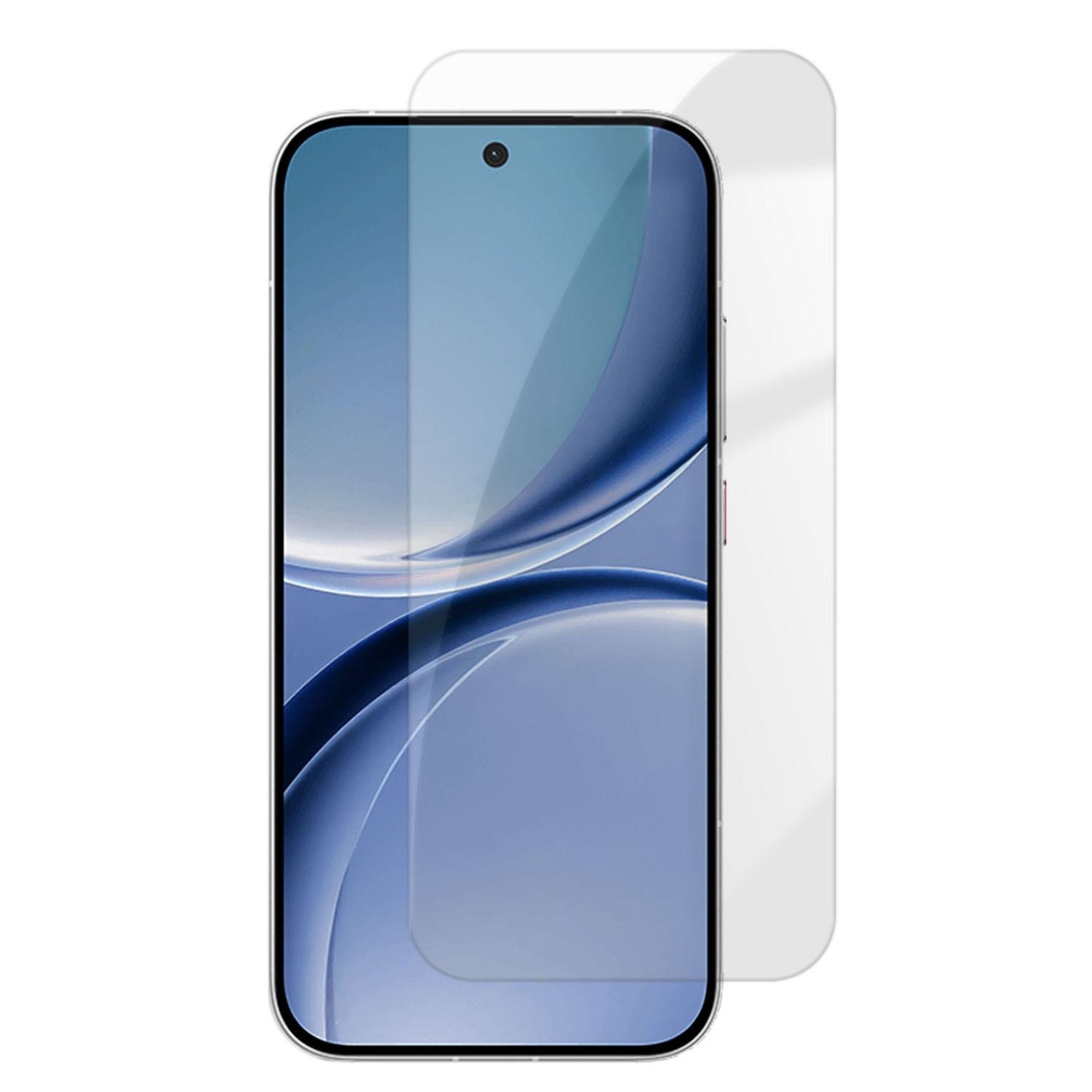 Ein Smartphone mit Displayschutzfolie, auf weißem Hintergrund.