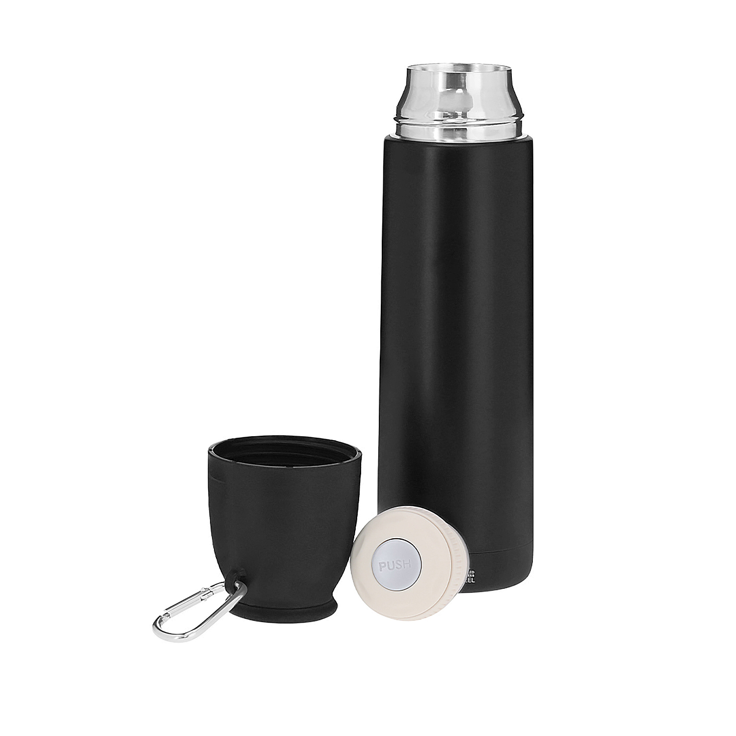 Schwarze Thermoskanne mit silbernem Rand, separatem Becher und Deckel.